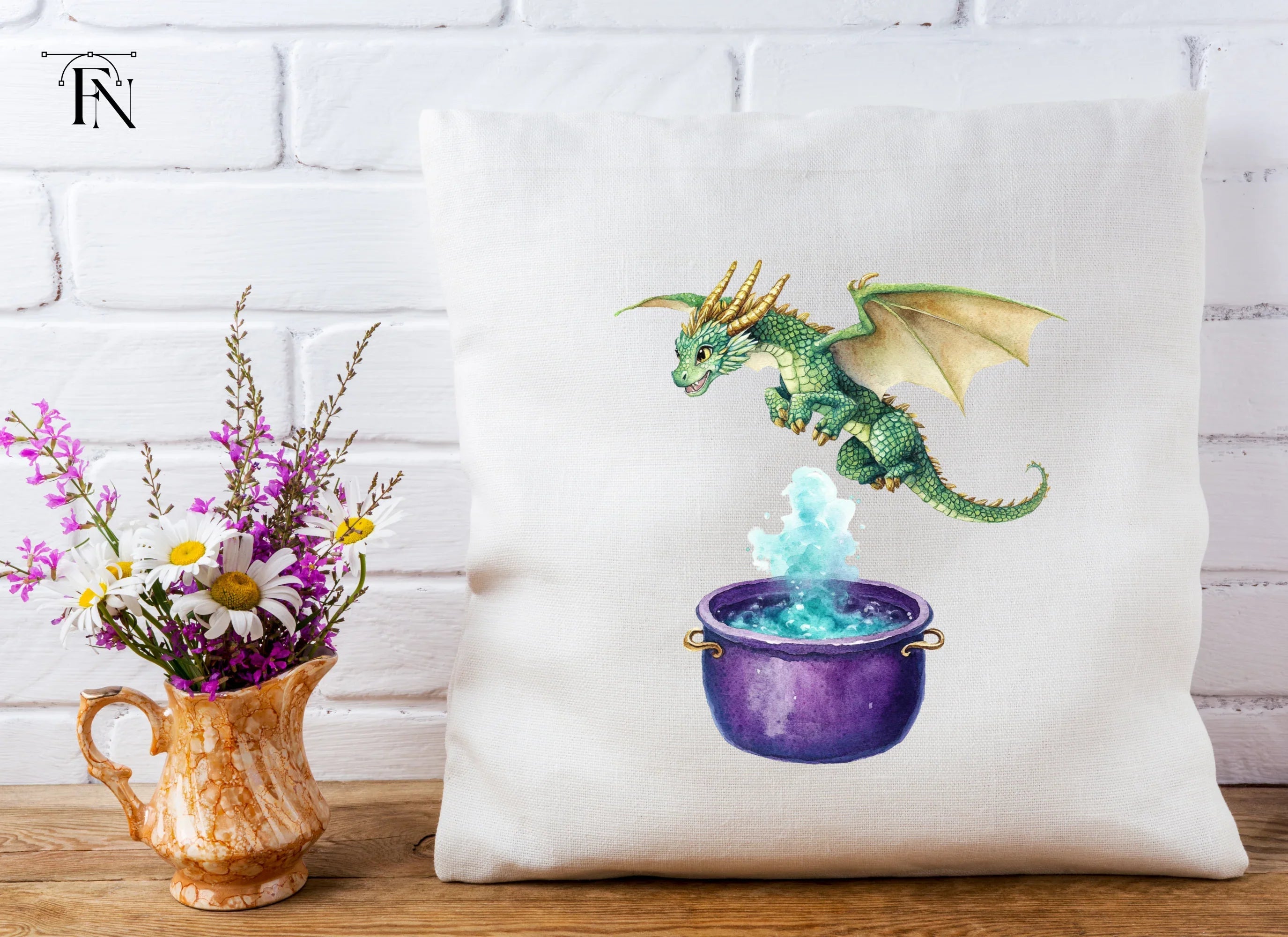 Green Dragon Flying Over Cauldron Clipart Bundle