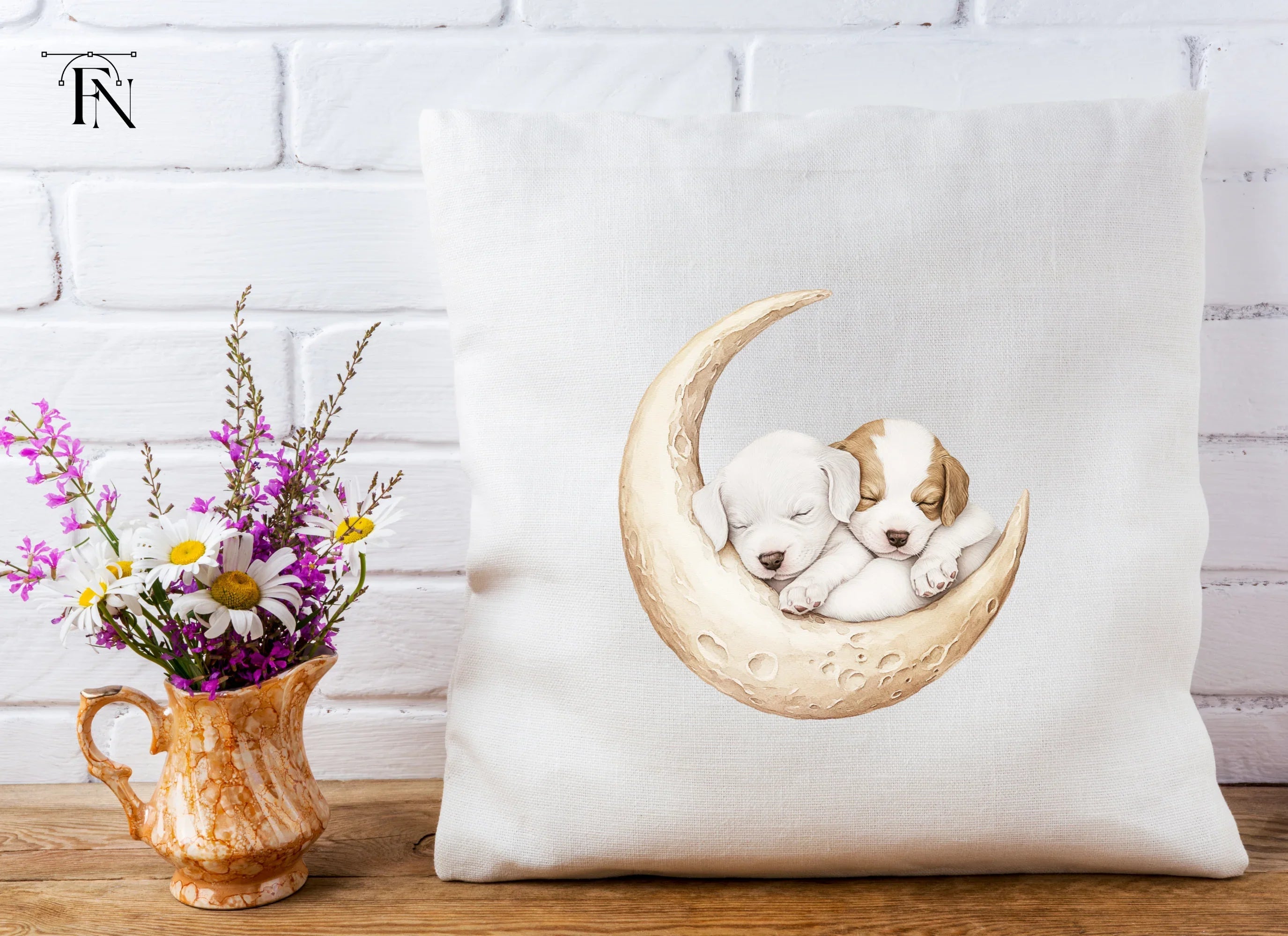 Sleeping Puppies on Moon Clipart Bundle