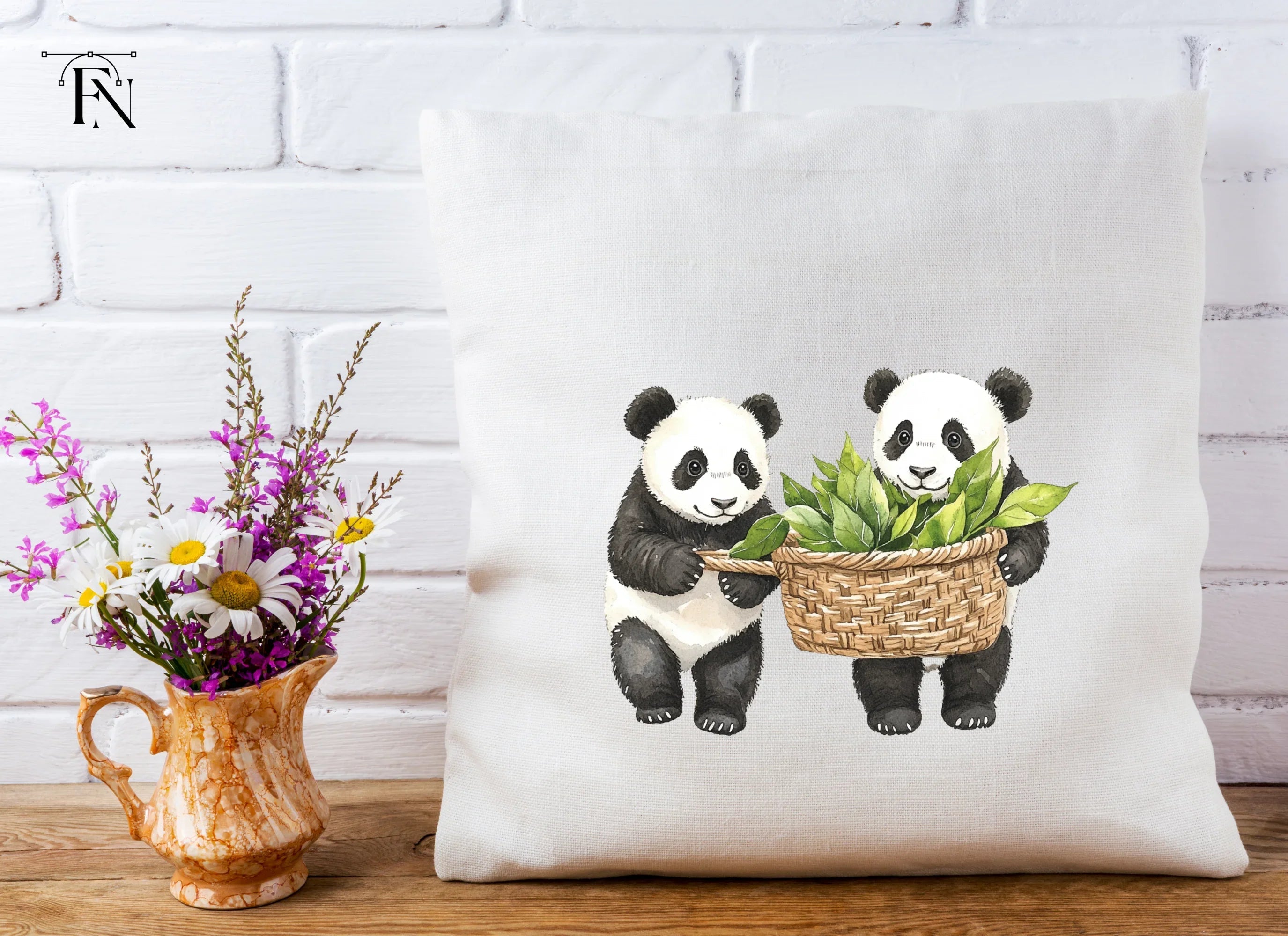 Panda with Baskets of Leaves Clipart Bundle