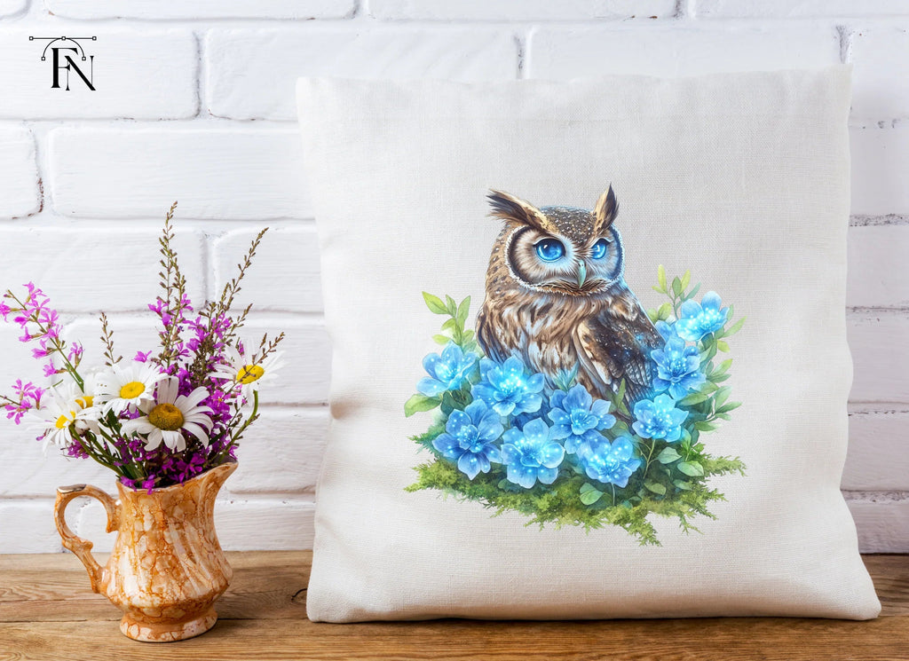 Enchanted Owl with Glowing Blue Flowers Clipart Bundle