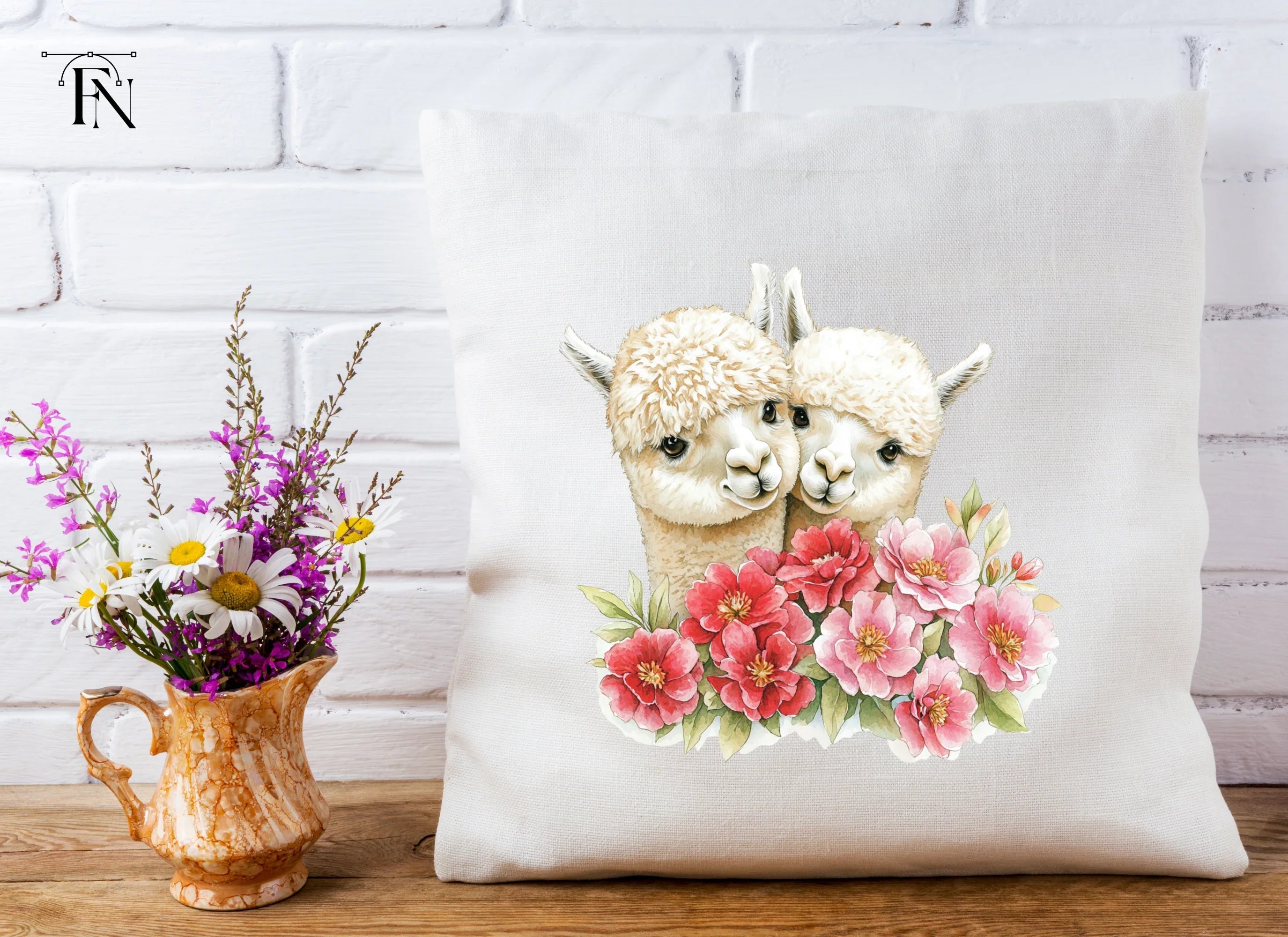 Cute Alpaca Couple with Pink Flowers Clipart Bundle