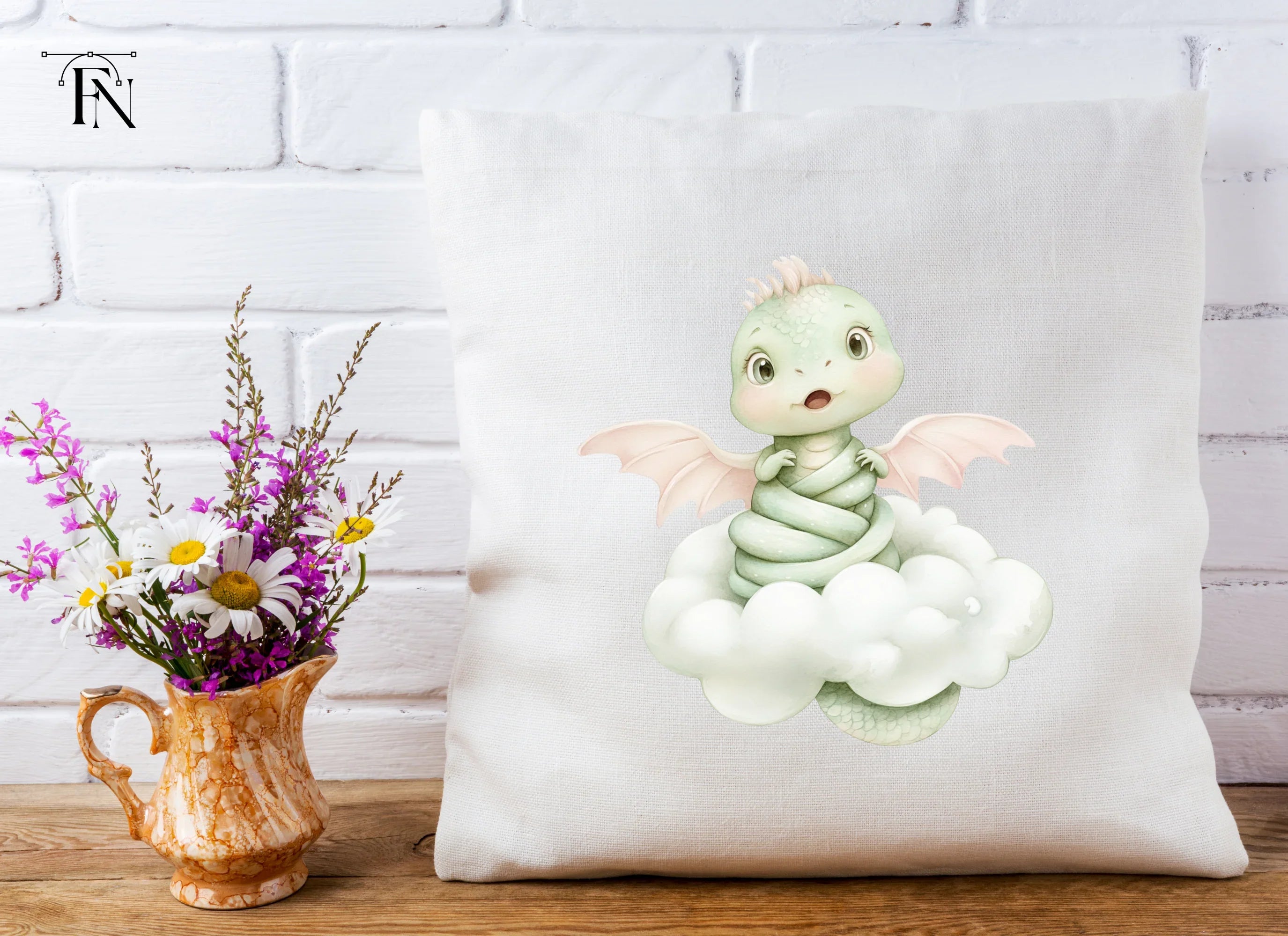 Cute Baby Dragon on Clouds Clipart Bundle