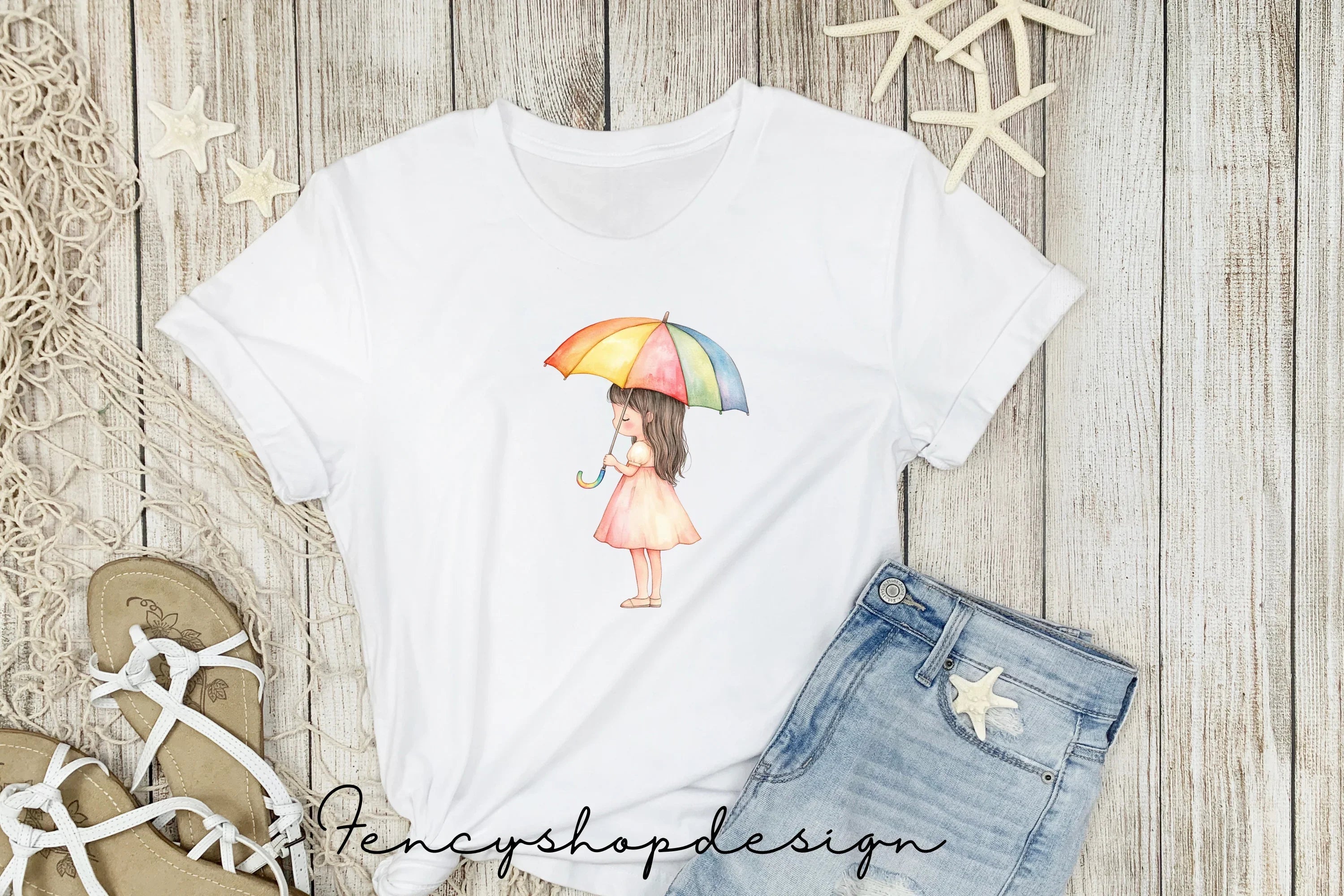 Cute Girls with Rainbow Umbrellas Clipart Bundle