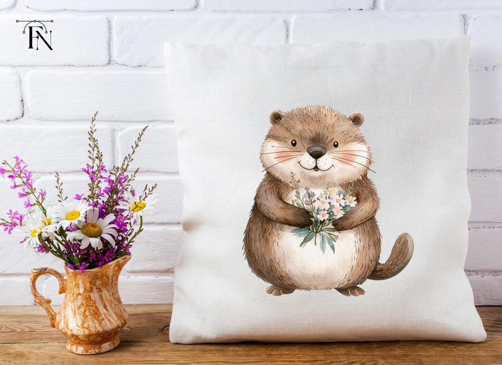 Cute Otters Holding Flower Bouquets Clipart Bundle