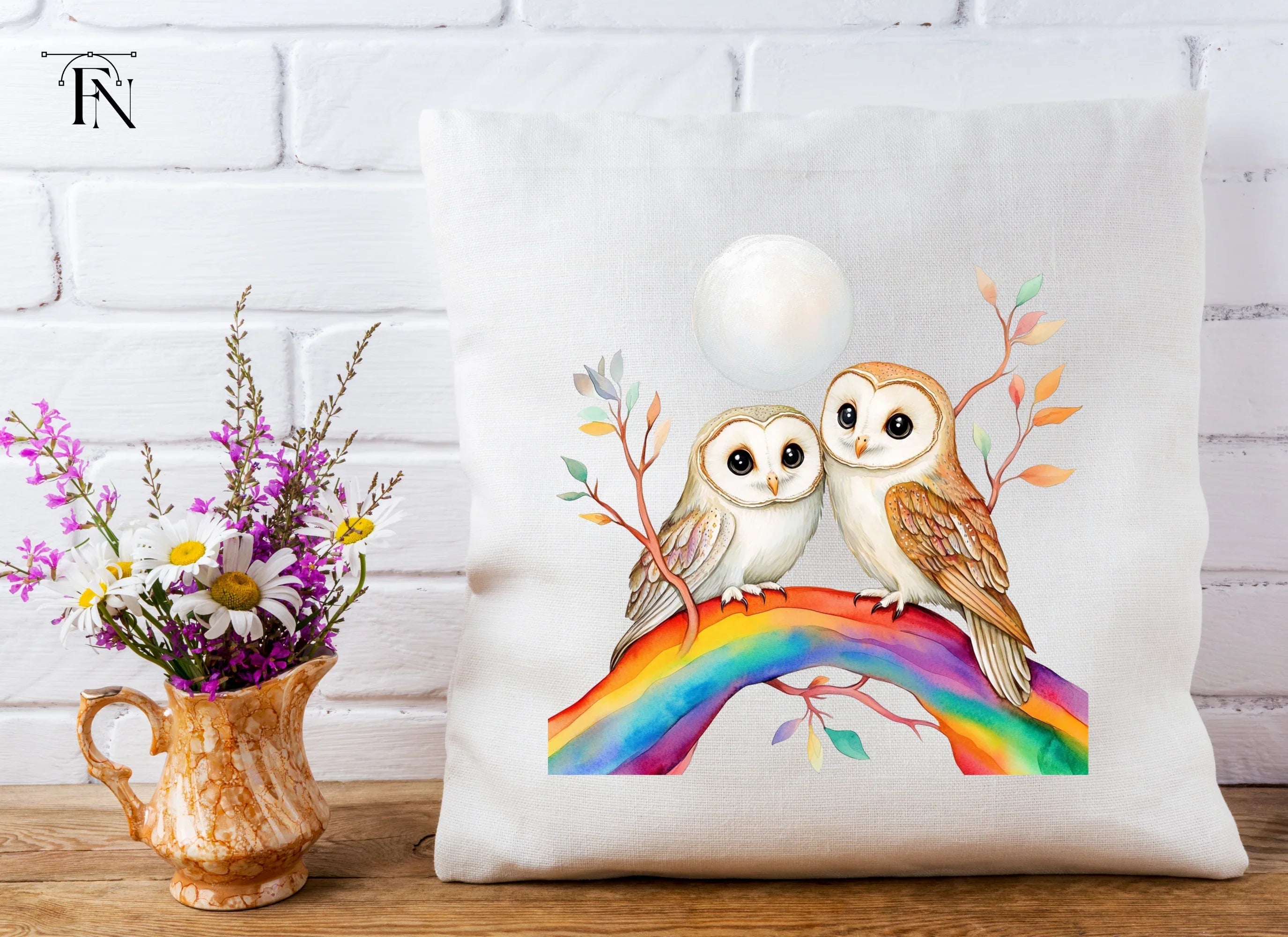 Cute Owl Couple on Rainbow Branch Clipart Bundle