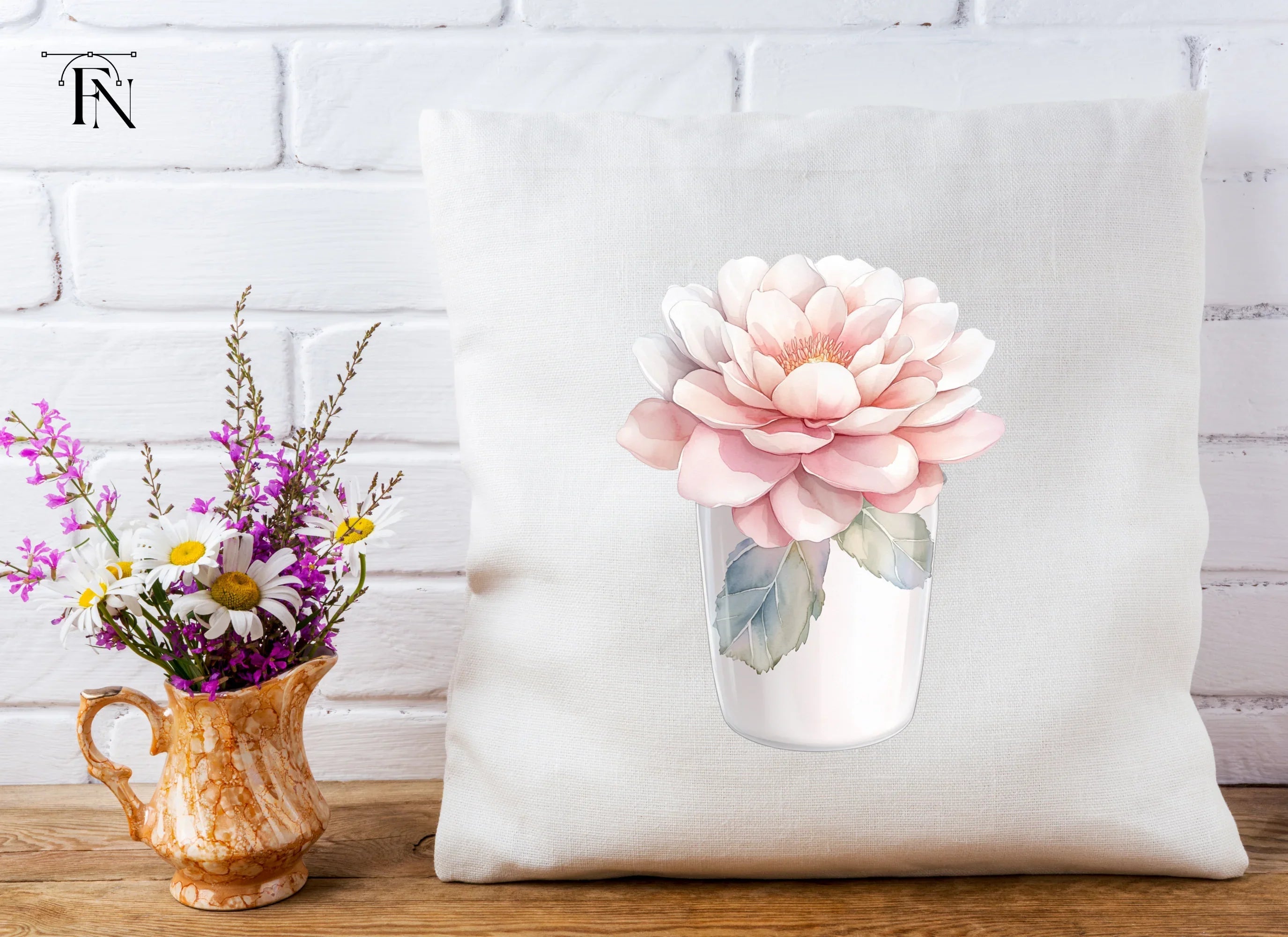 Pink Peony in White Vase Clipart Bundle