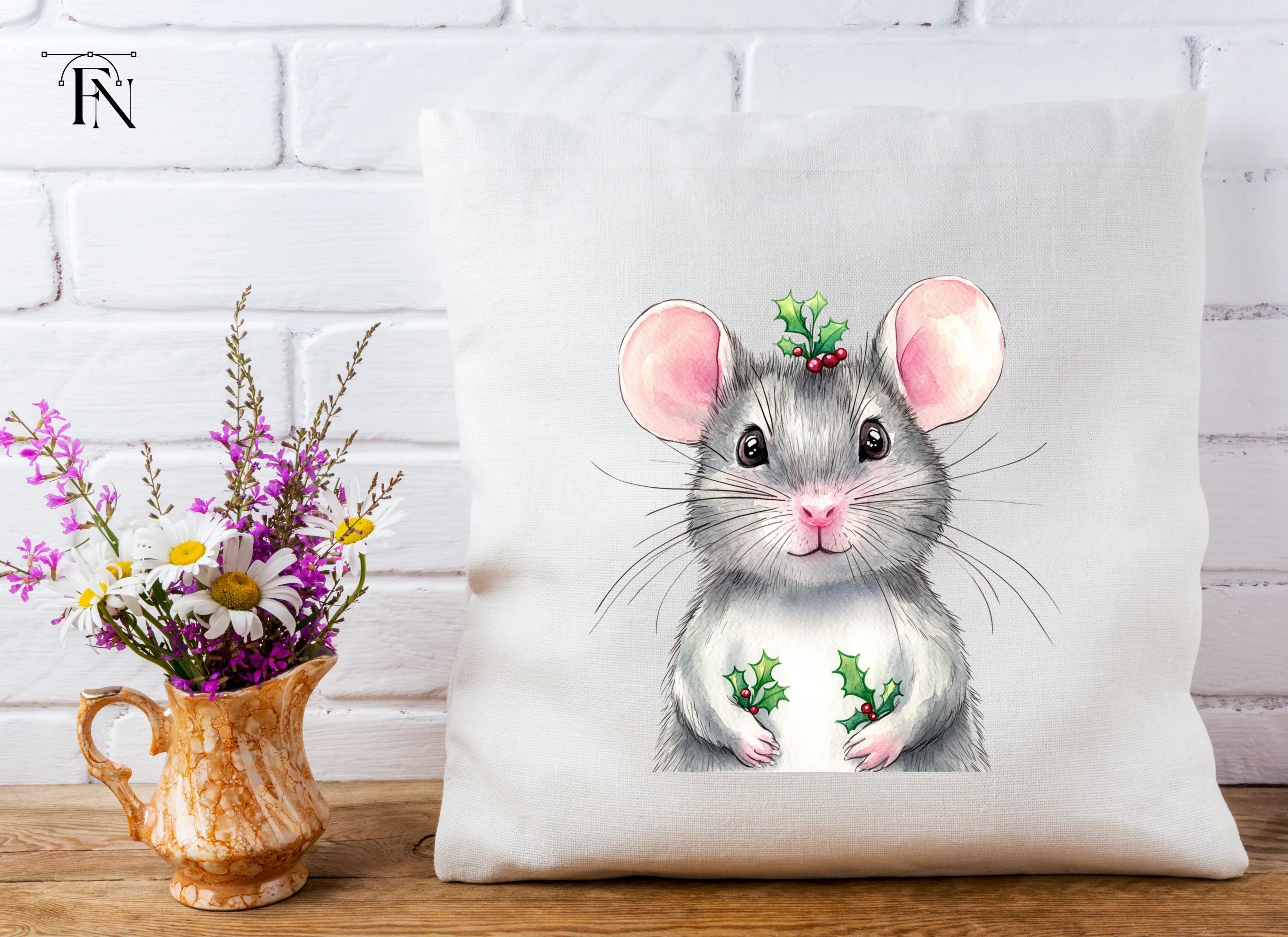 Festive Mouse with Holly Clipart Bundle