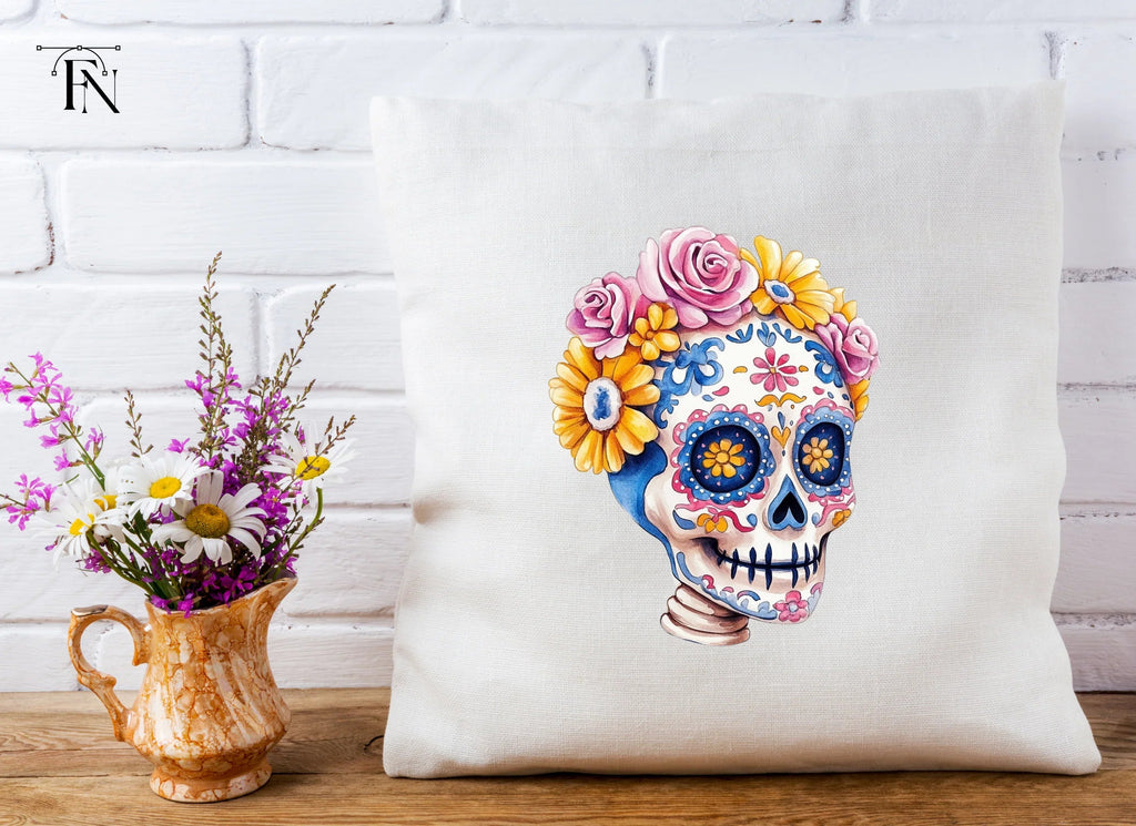 Blue Sugar Skulls with Flowers Clipart Bundle