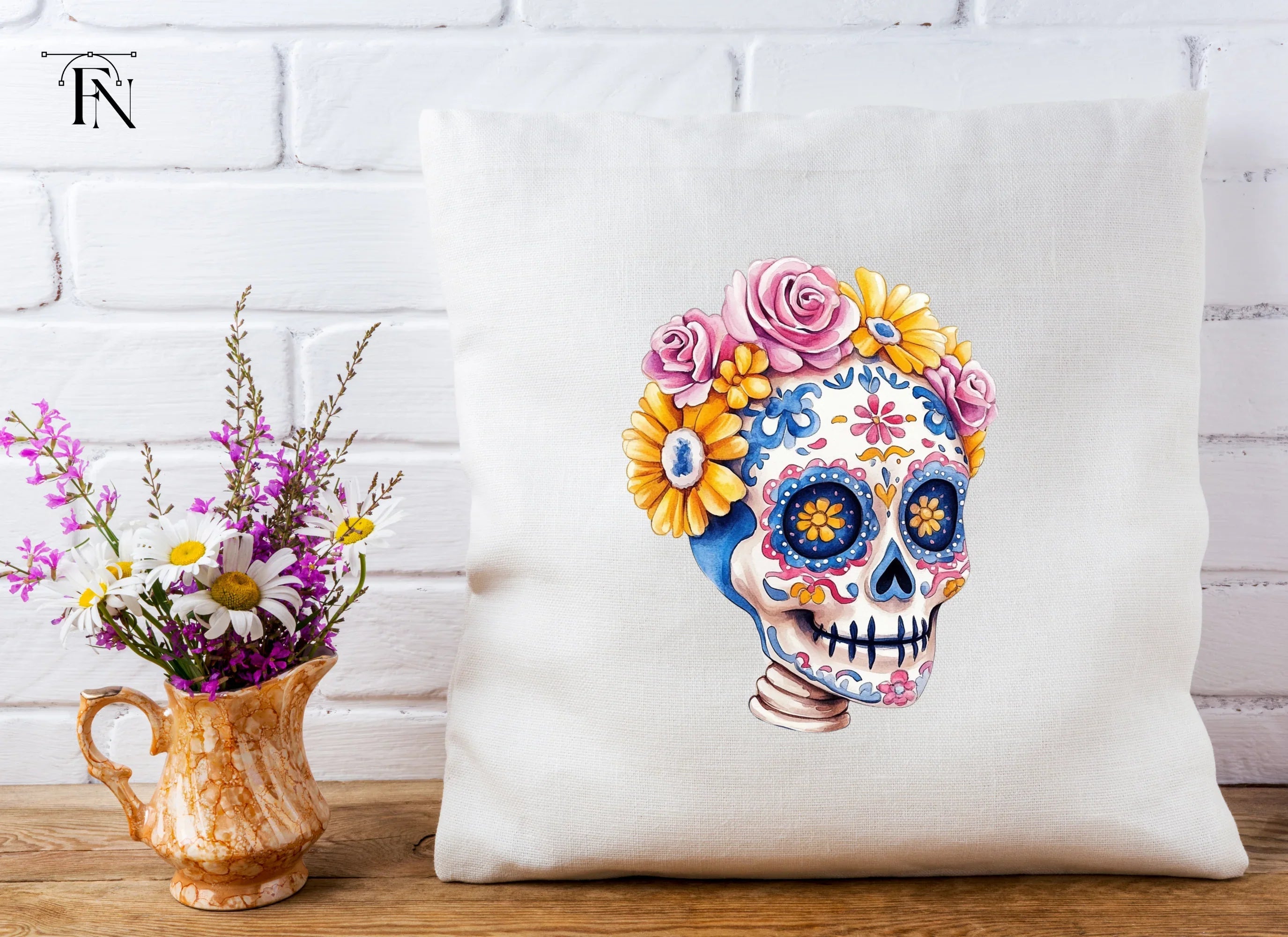 Blue Sugar Skulls with Flowers Clipart Bundle