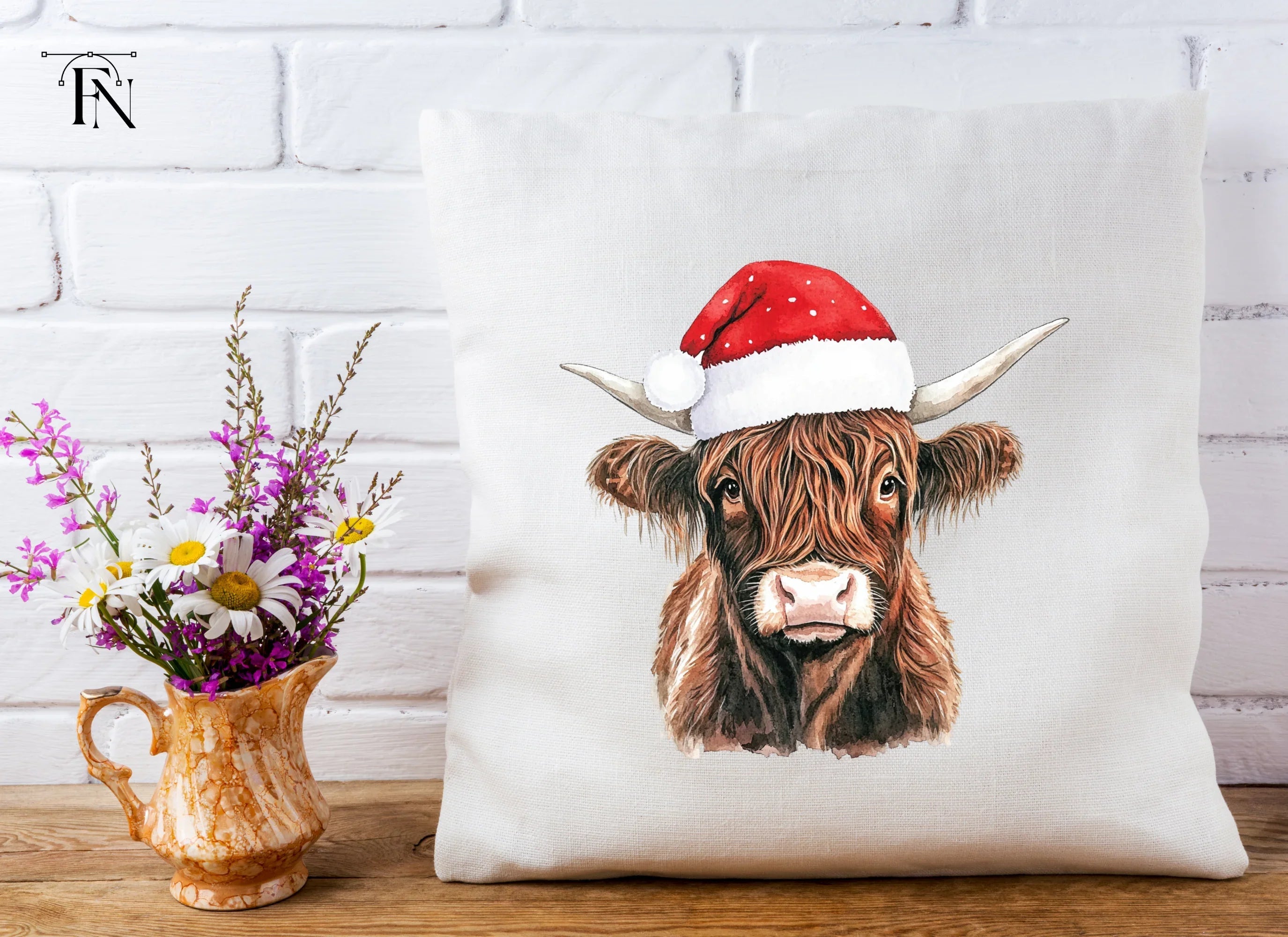 Cute Highland Cow with Santa Hat Clipart Bundle
