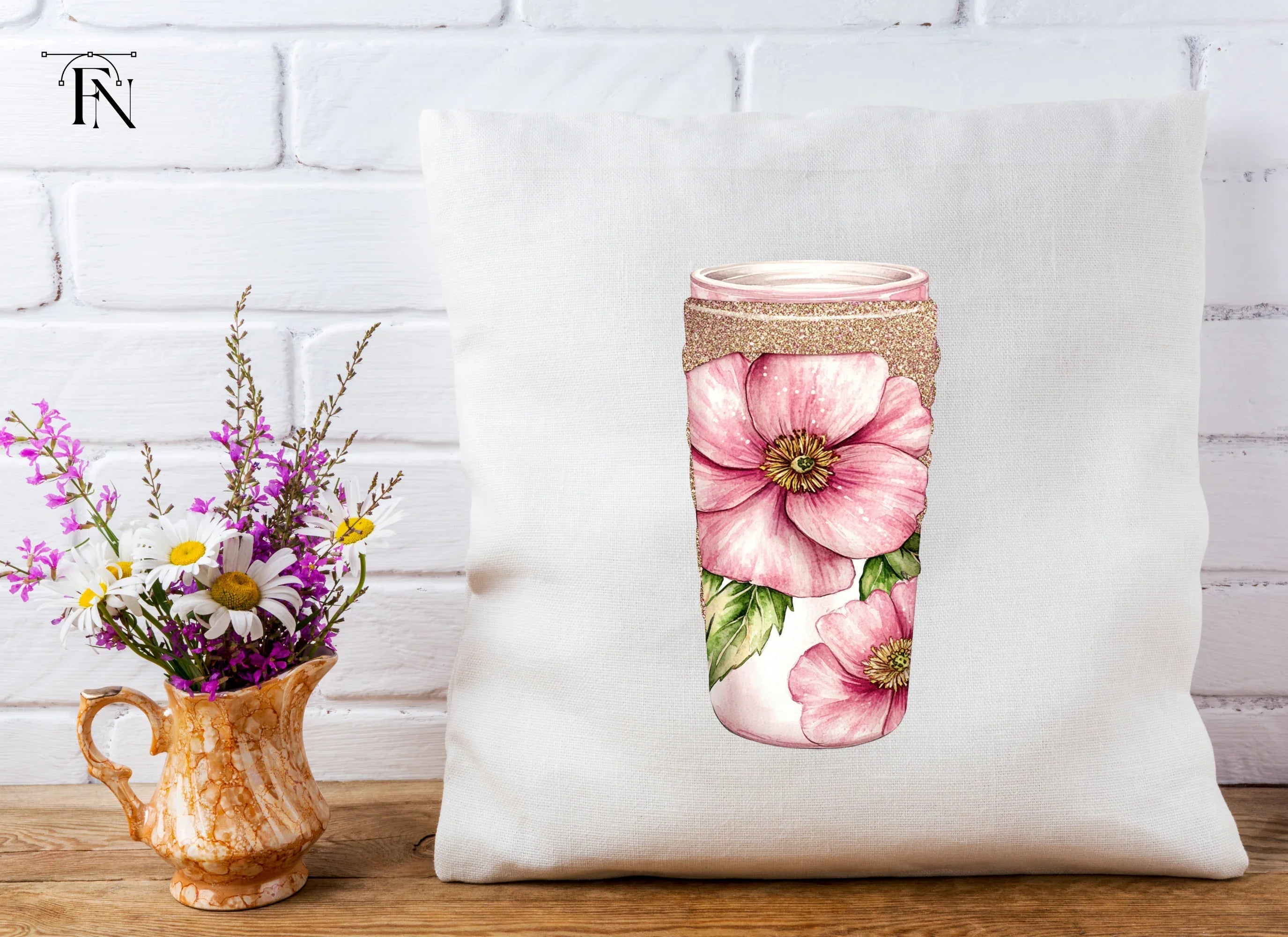 Glittery Pink Floral Tumbler Designs Clipart Bundle
