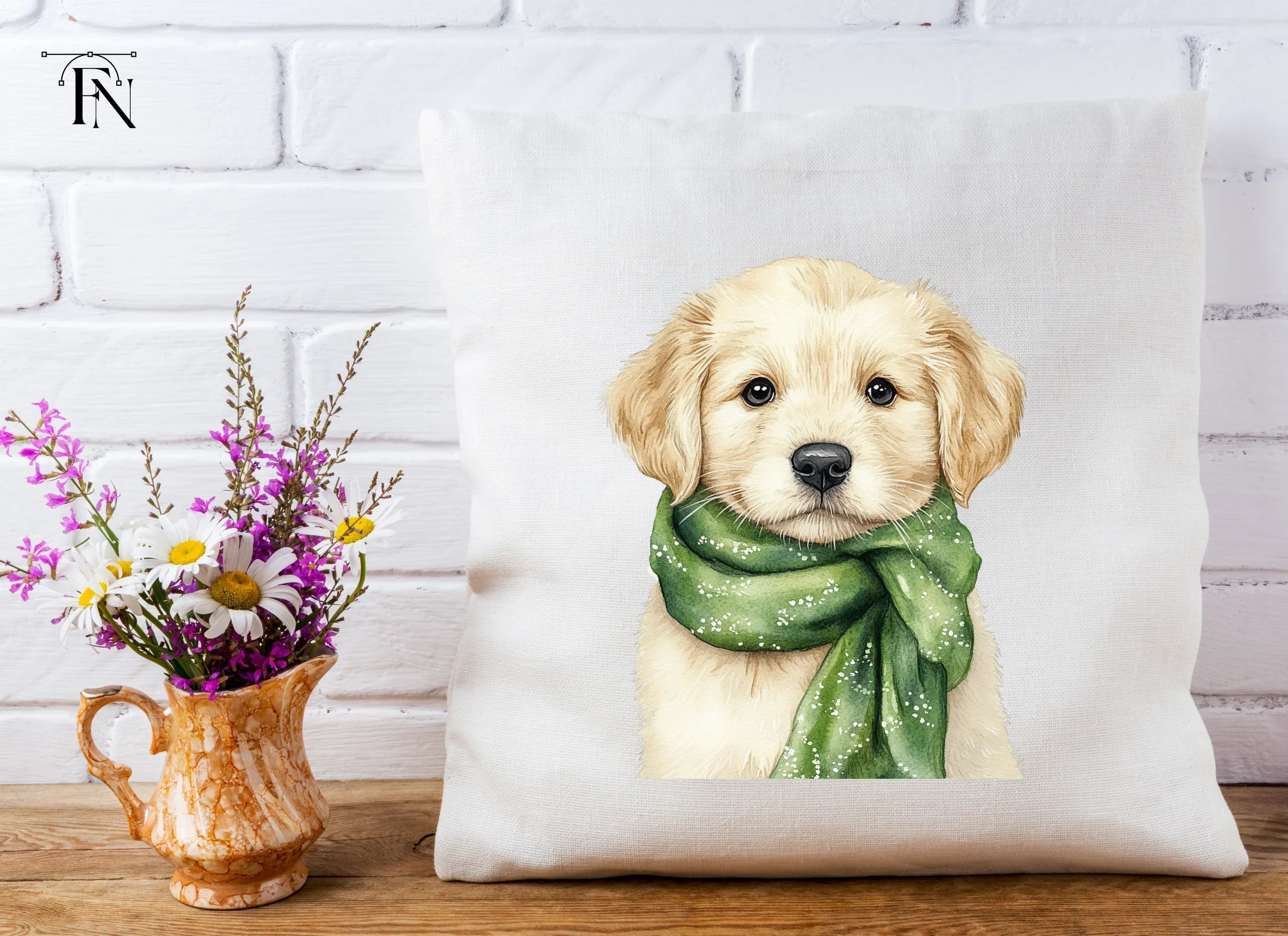 Golden Retriever Puppy with Green Scarf Clipart Bundle
