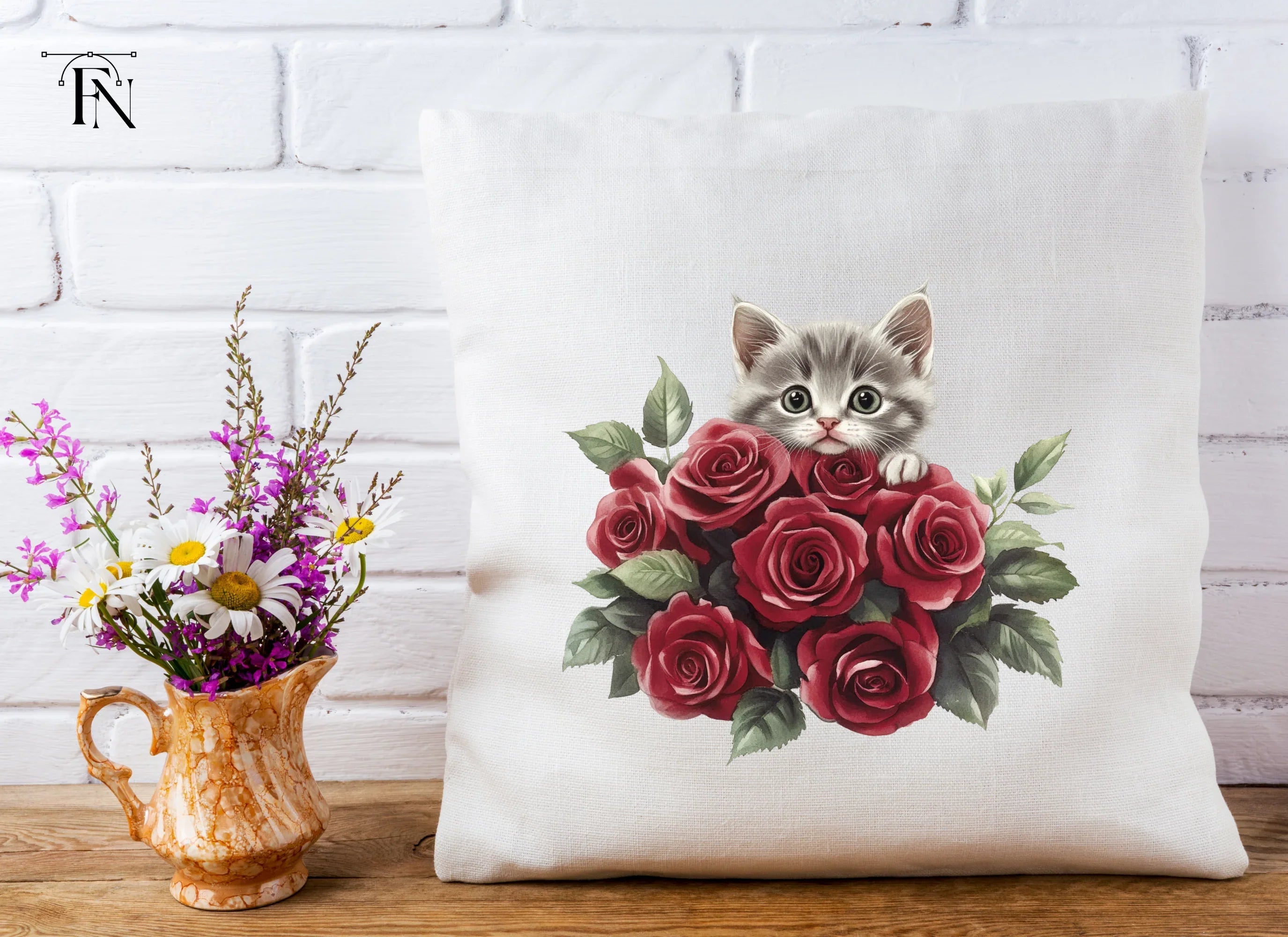Cute Kitten and Red Roses Clipart Bundle
