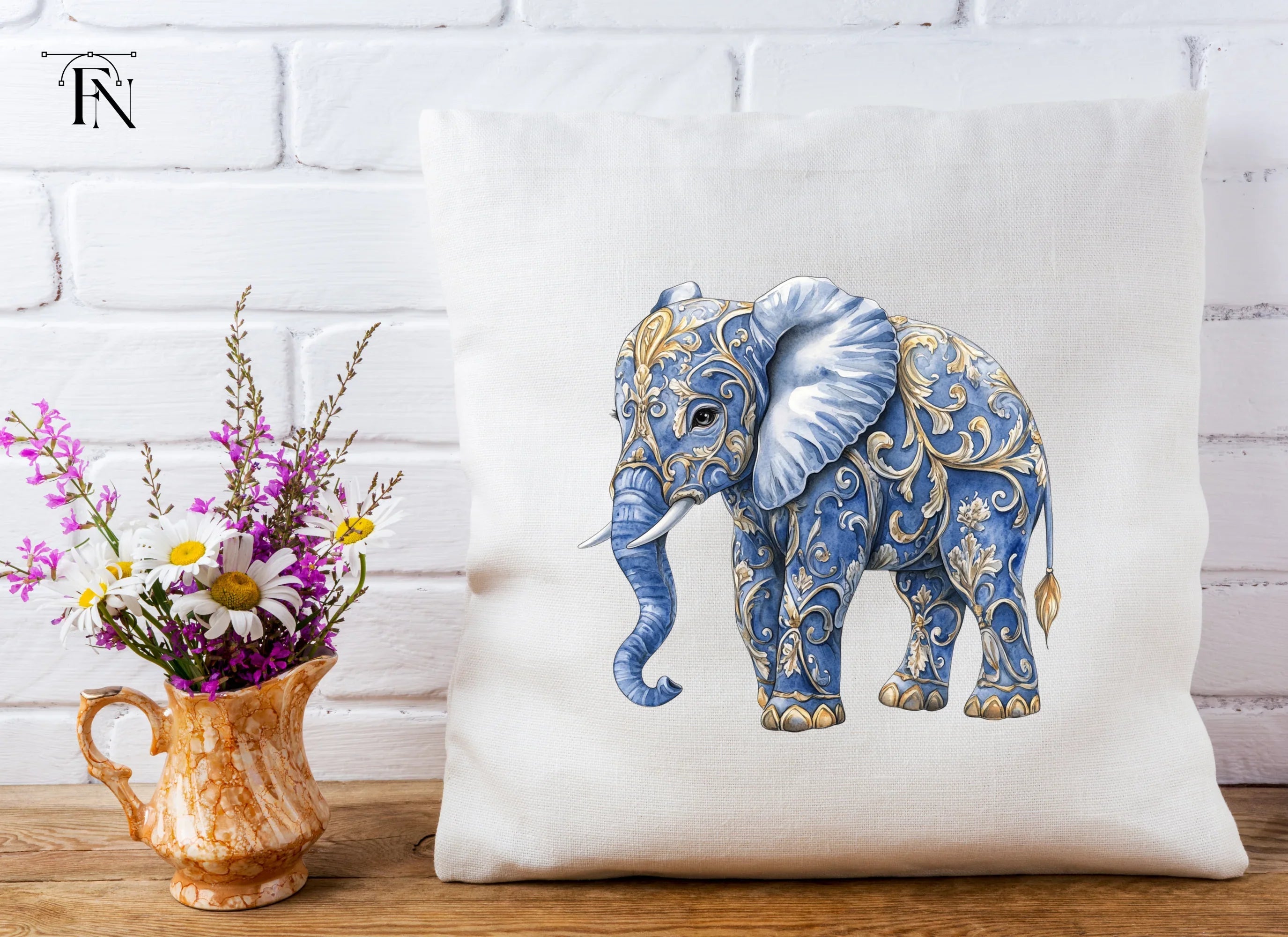 Elegant Blue Elephant with Gold Filigree Clipart Bundle