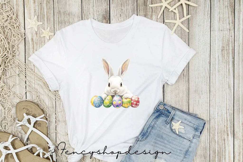 Cute Easter Bunnies with Colorful Eggs Clipart Bundle