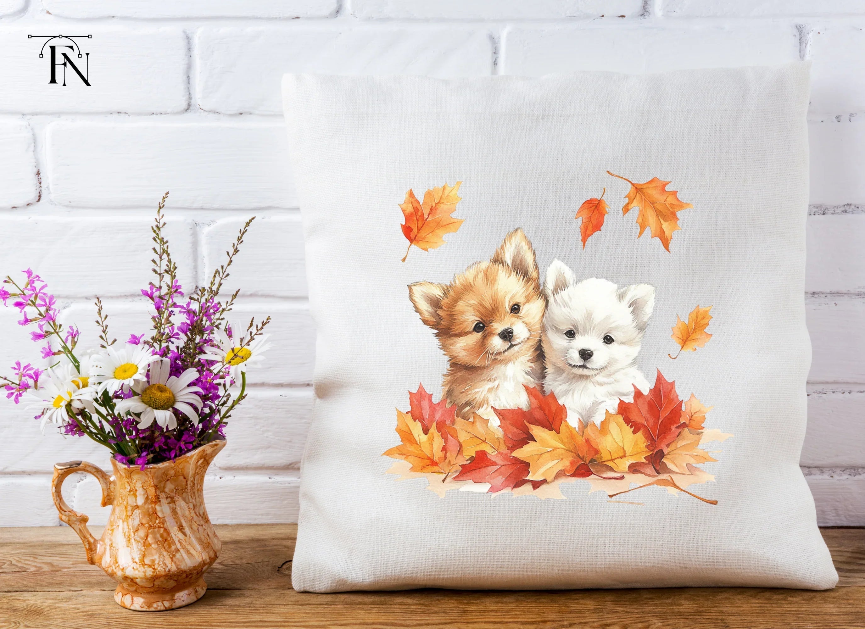 Autumn Puppies with Fall Leaves Clipart Bundle