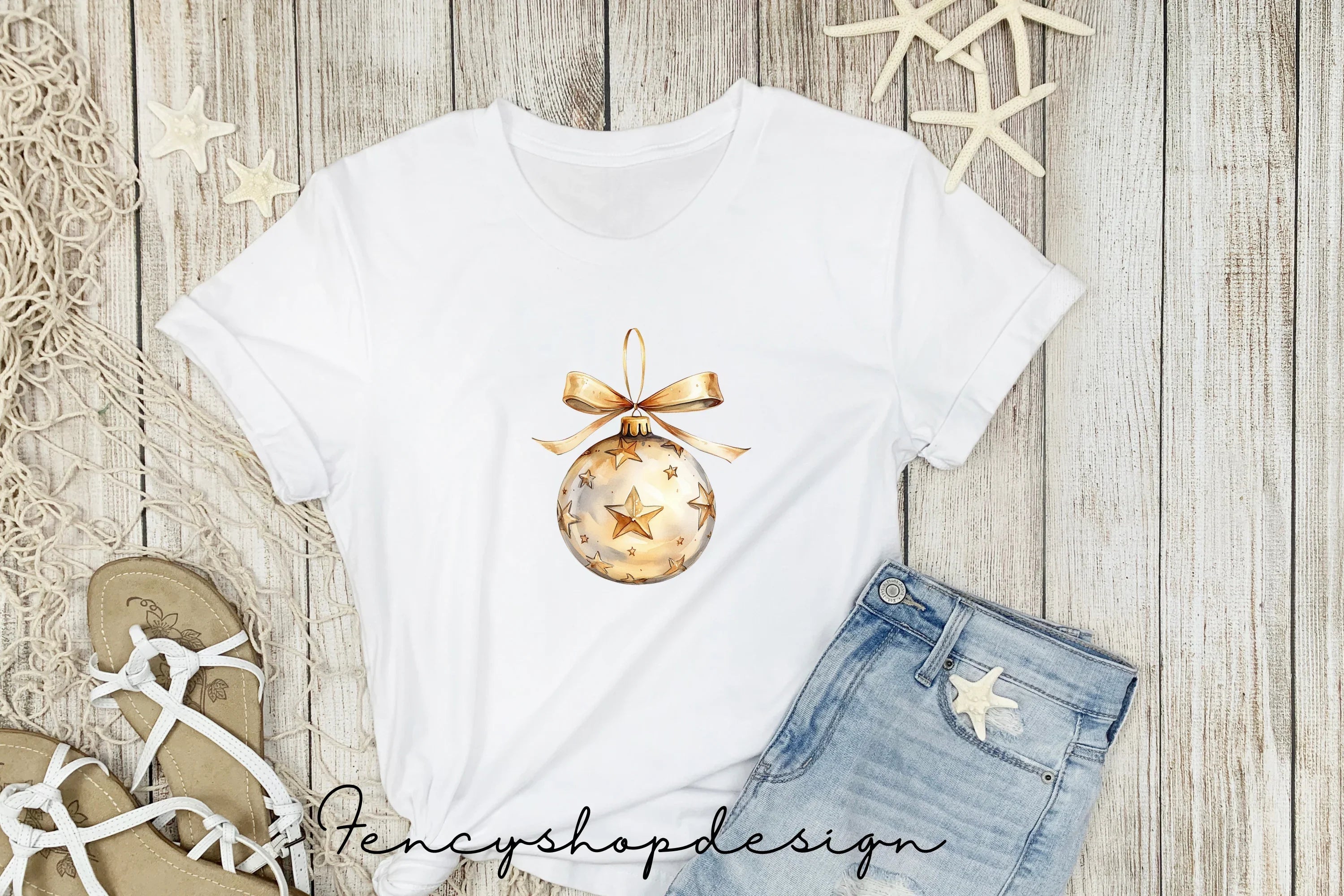 Golden Christmas Ornaments Holly Clipart Bundle