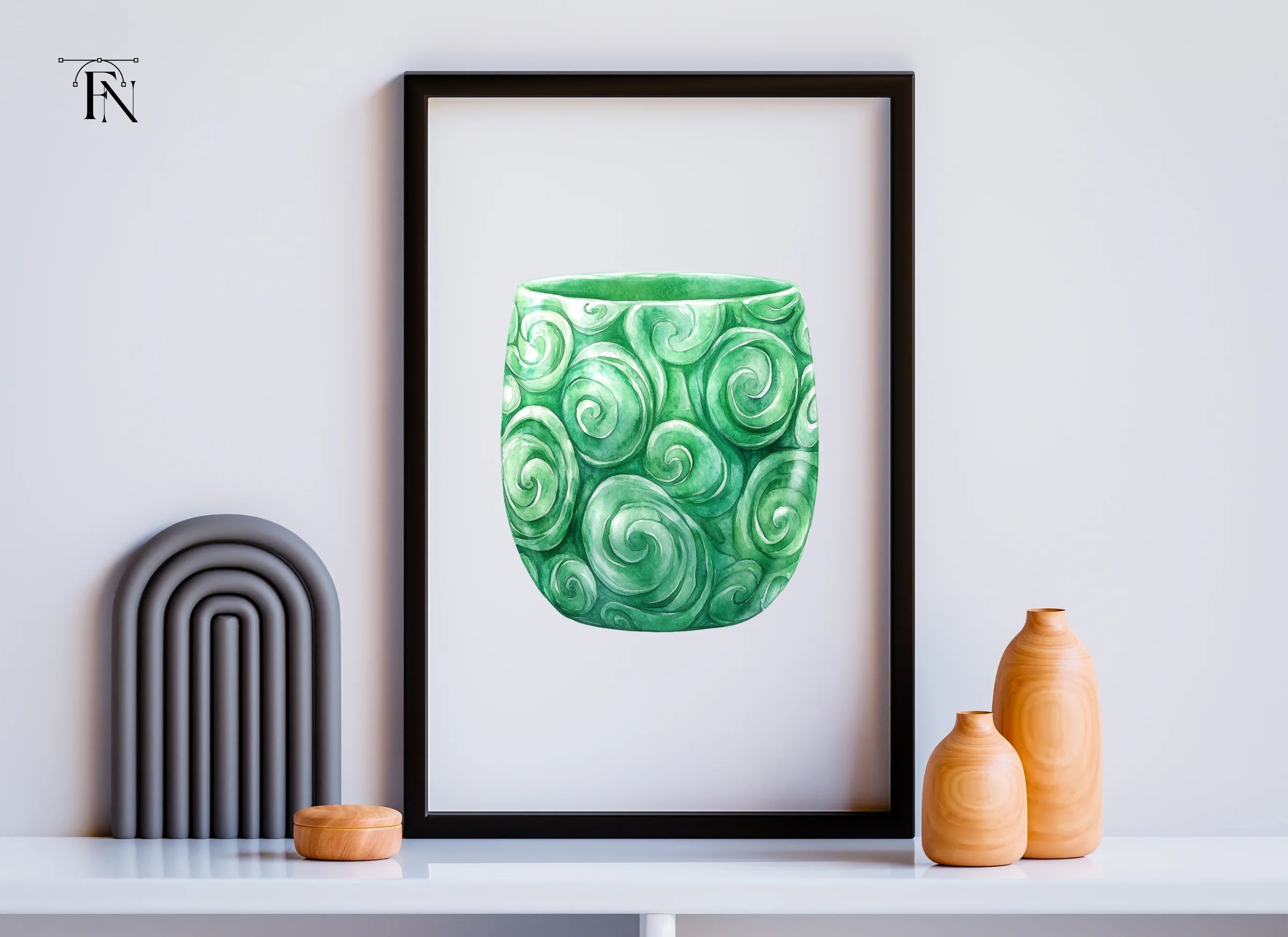 Green Swirl Patterned Jade Cup Clipart Bundle