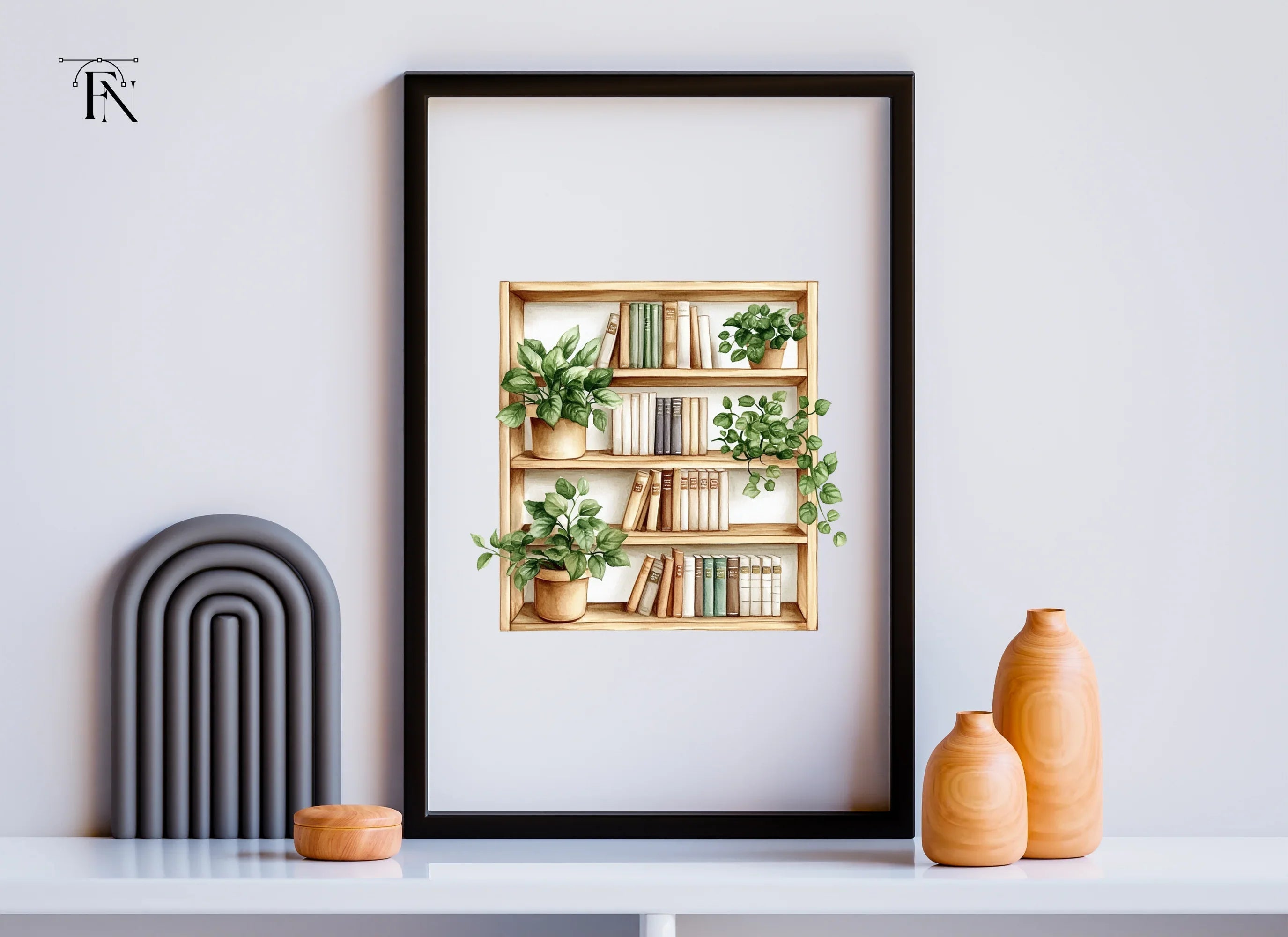 Wooden Bookshelf with Plants Clipart Bundle