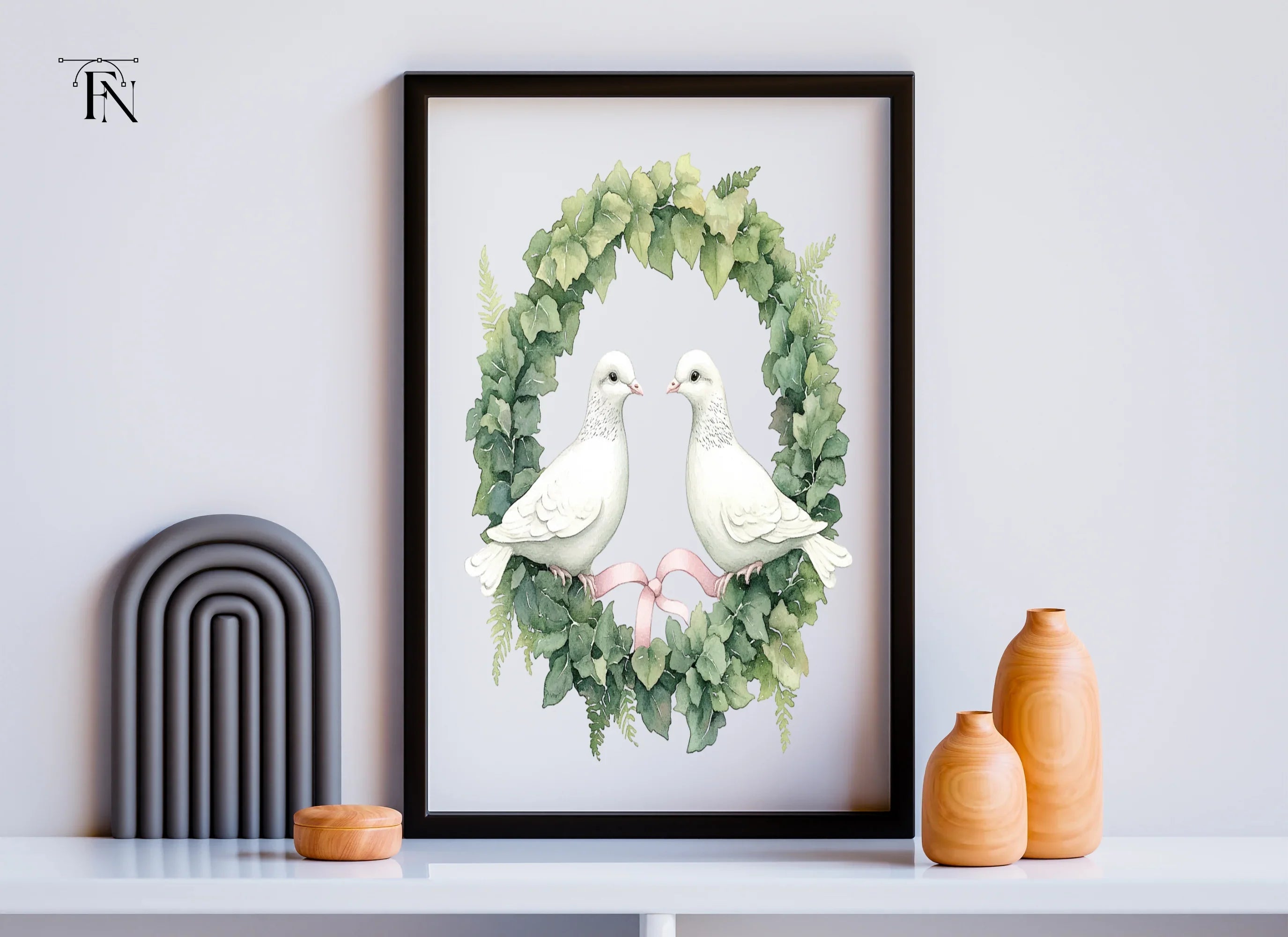 Doves in Greenery Wreath Clipart Bundle