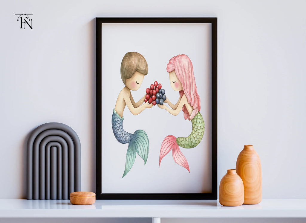Sweet Mermaid Couple with Berries Clipart Bundle