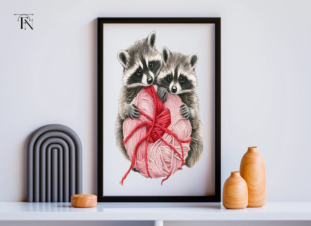 Cute Raccoons with Yarn Heart Clipart Bundle