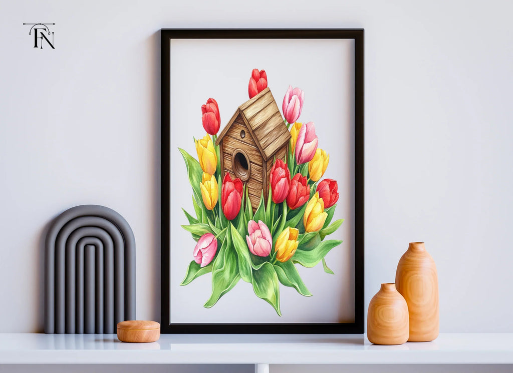 Colorful Tulips Birdhouse Clipart Bundle