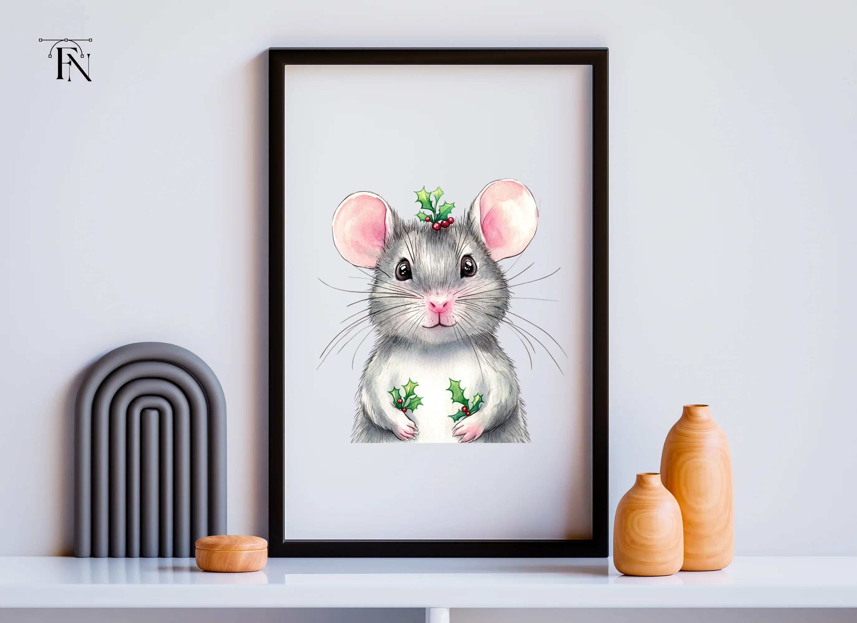 Festive Mouse with Holly Clipart Bundle