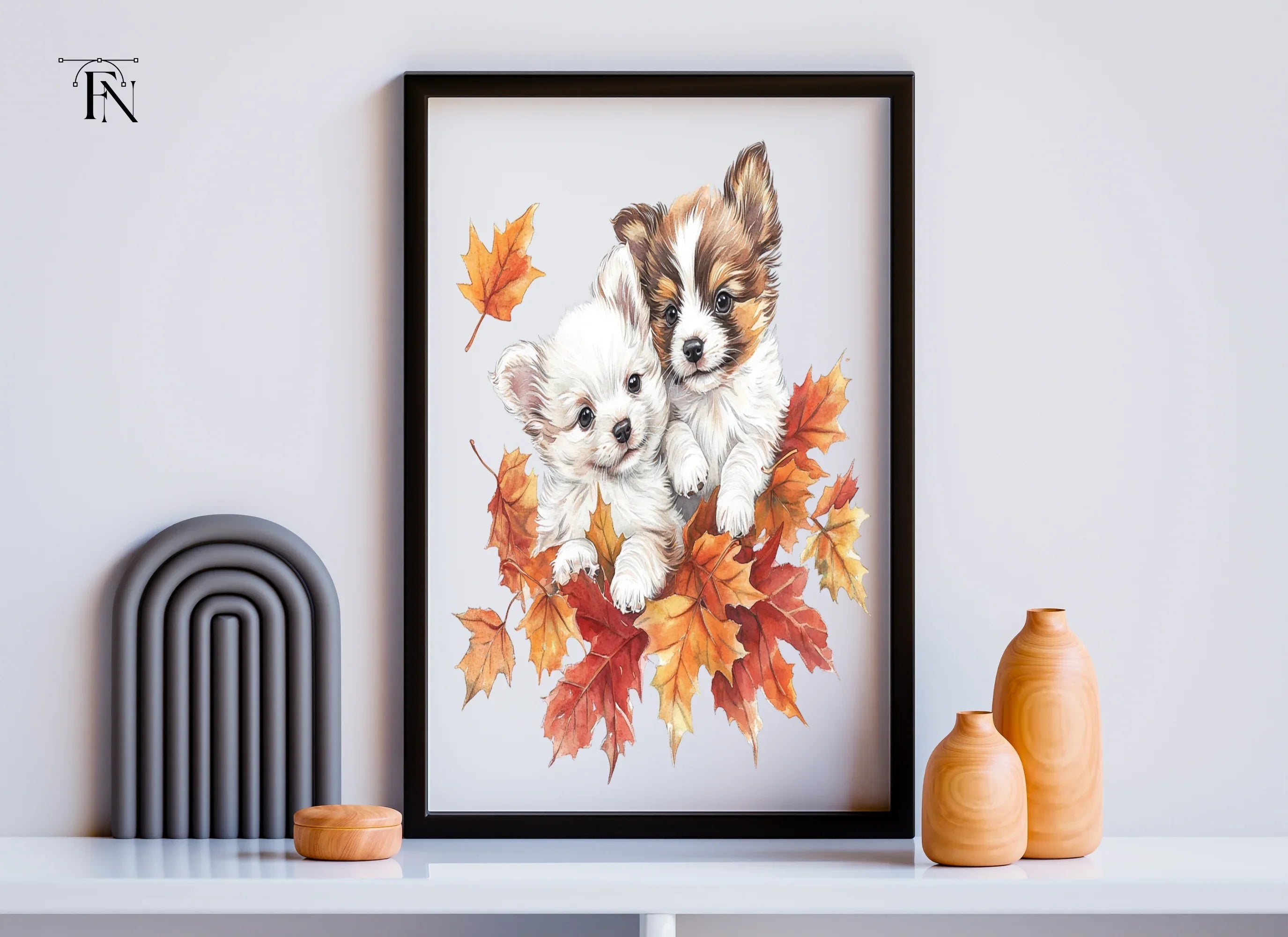 Autumn Puppies with Fall Leaves Clipart Bundle