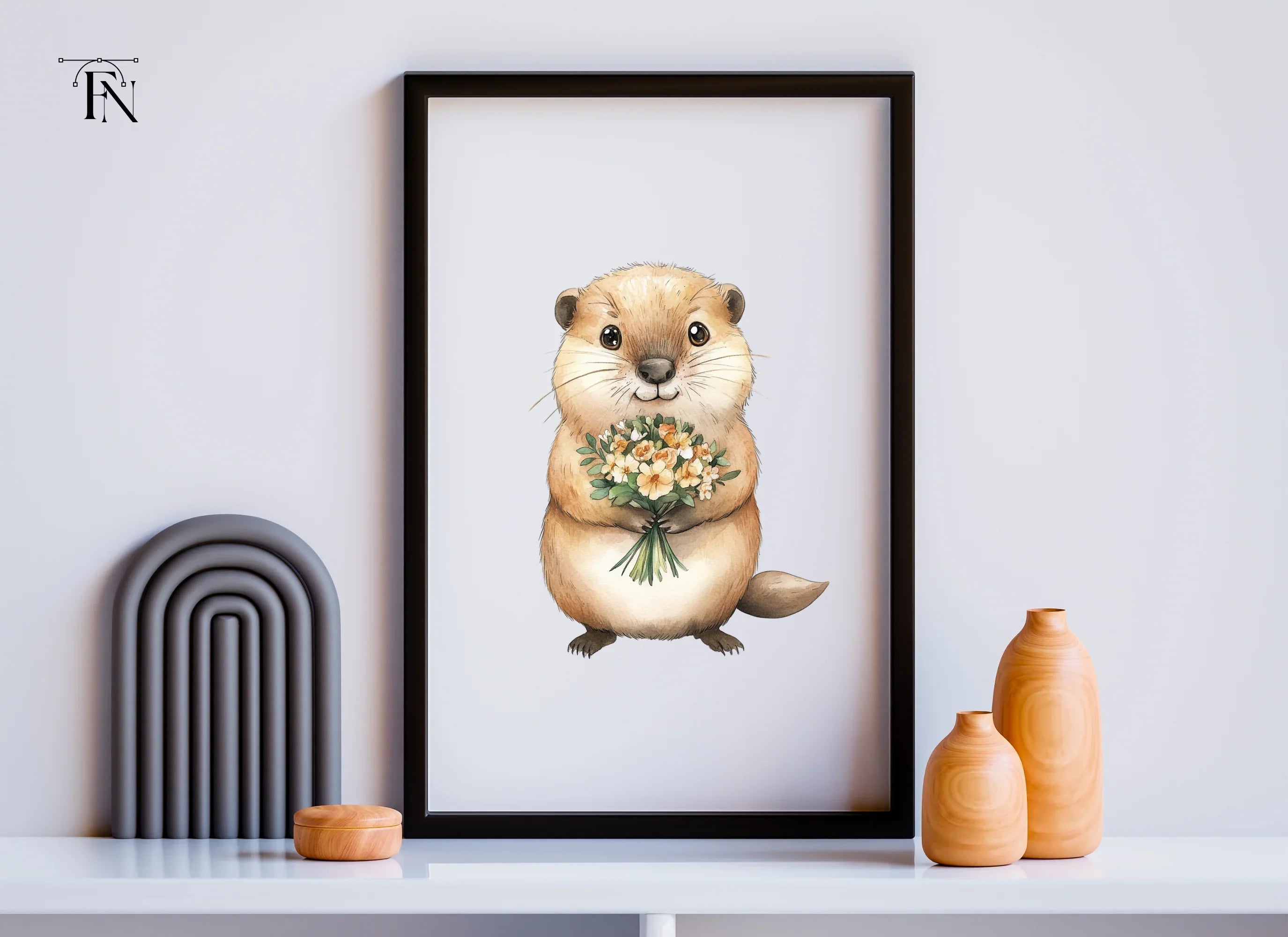 Cute Otters with Flower Bouquets Clipart Bundle