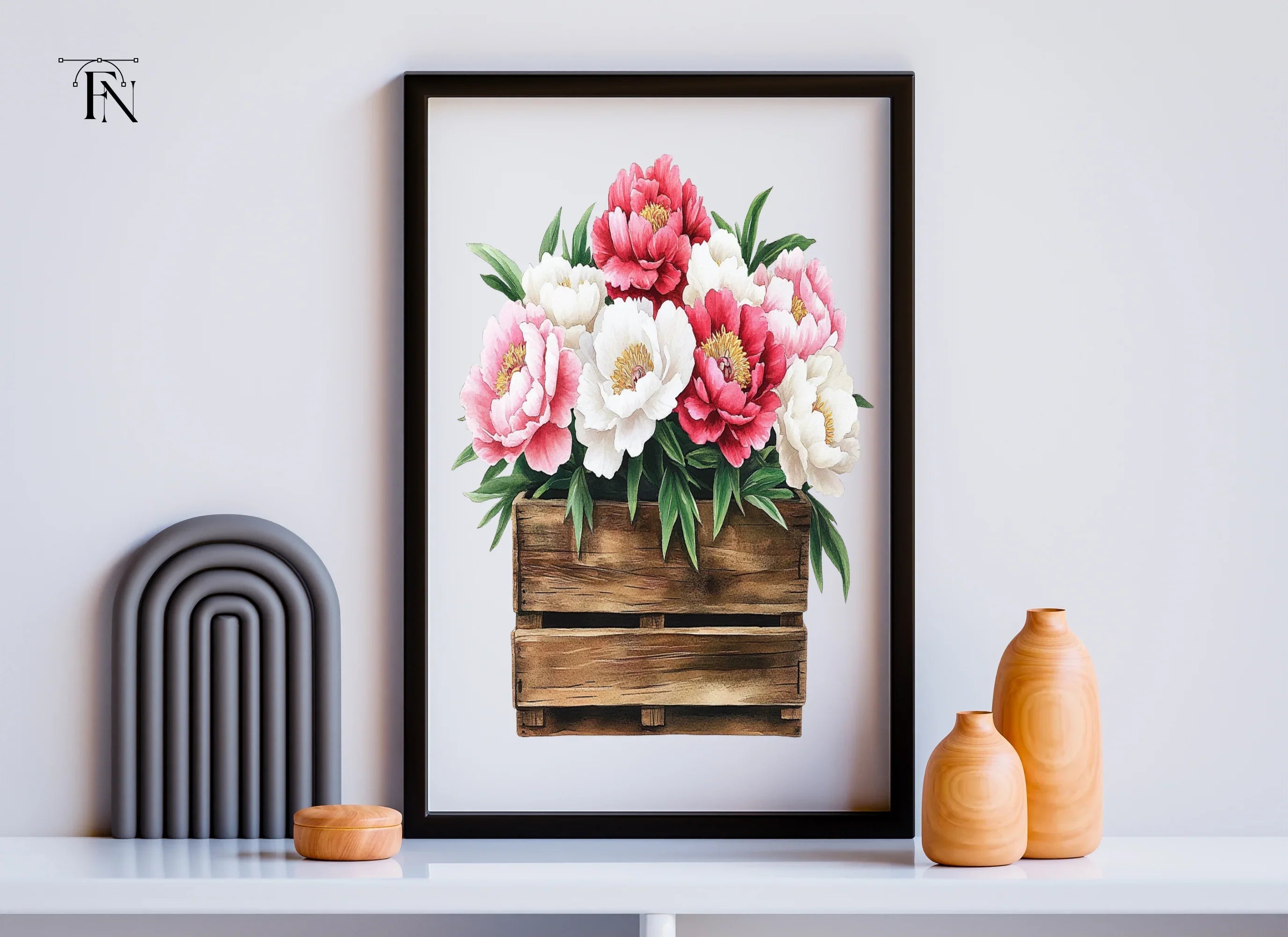 Peony Bouquets in Rustic Wooden Crates Clipart Bundle