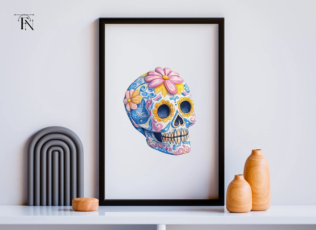 Blue Sugar Skulls with Flowers Clipart Bundle