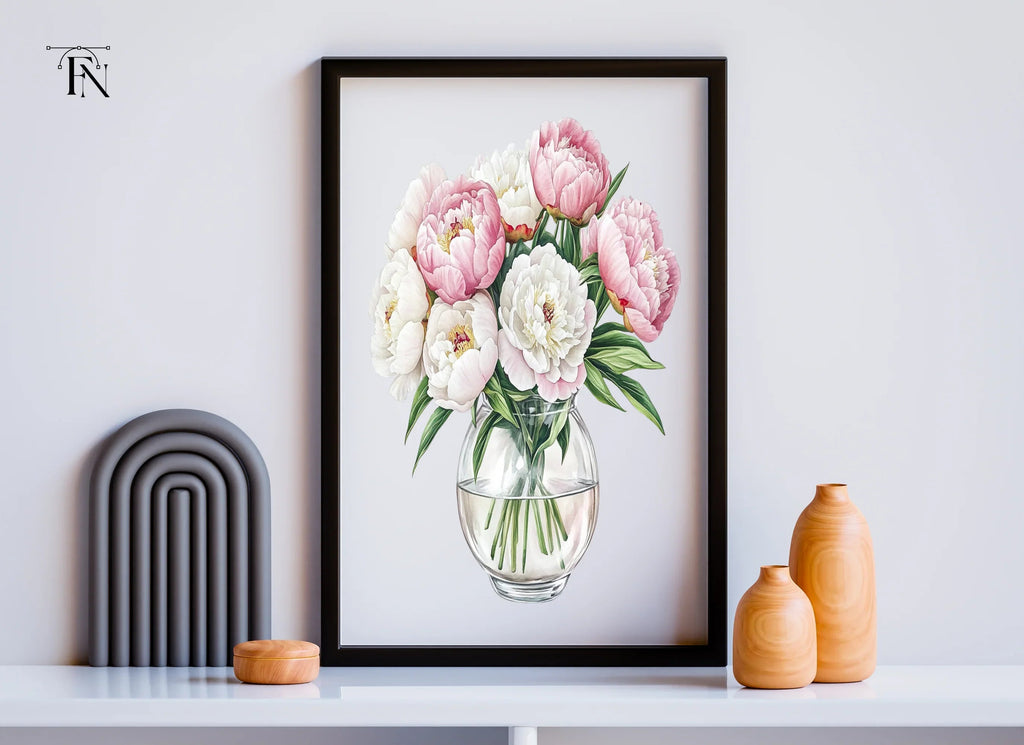 Pink and White Peonies in Glass Vases Clipart Bundle