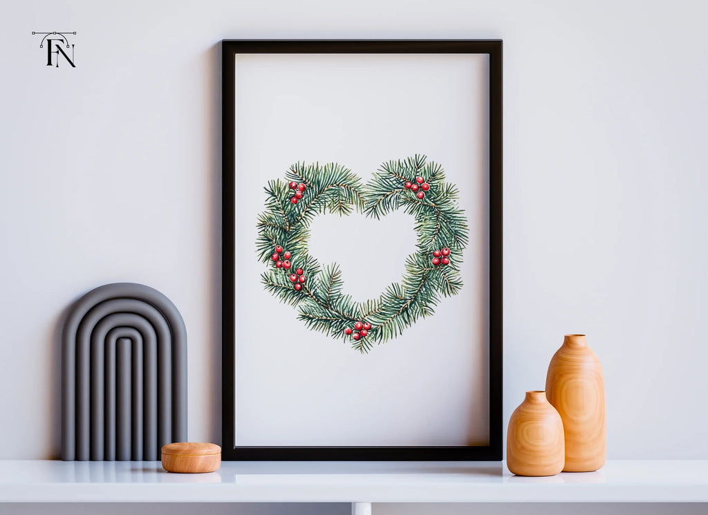 Heart Shaped Pine Wreath with Berries Clipart Bundle