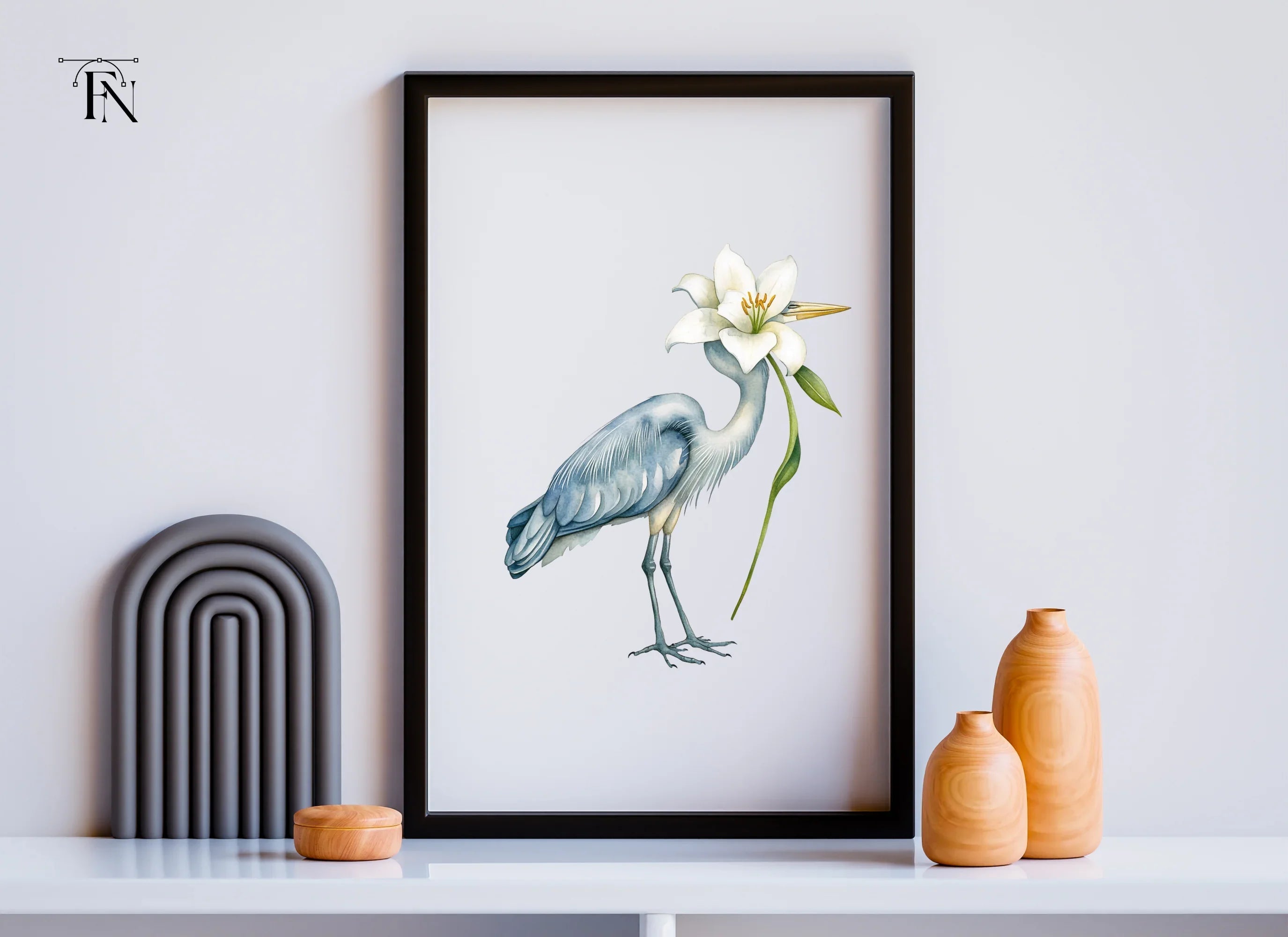 Heron with White Lily Flower Clipart Bundle