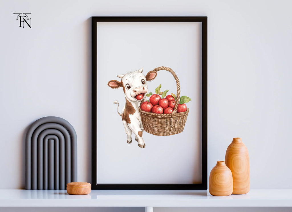 Cute Calf with Apple Basket Clipart Bundle