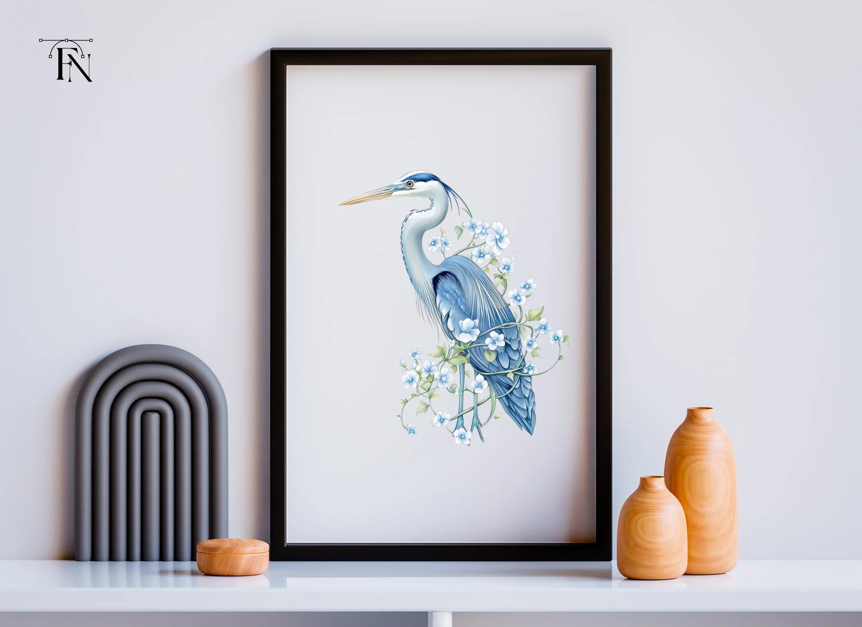 Elegant Blue Heron with White Flowers Clipart Bundle