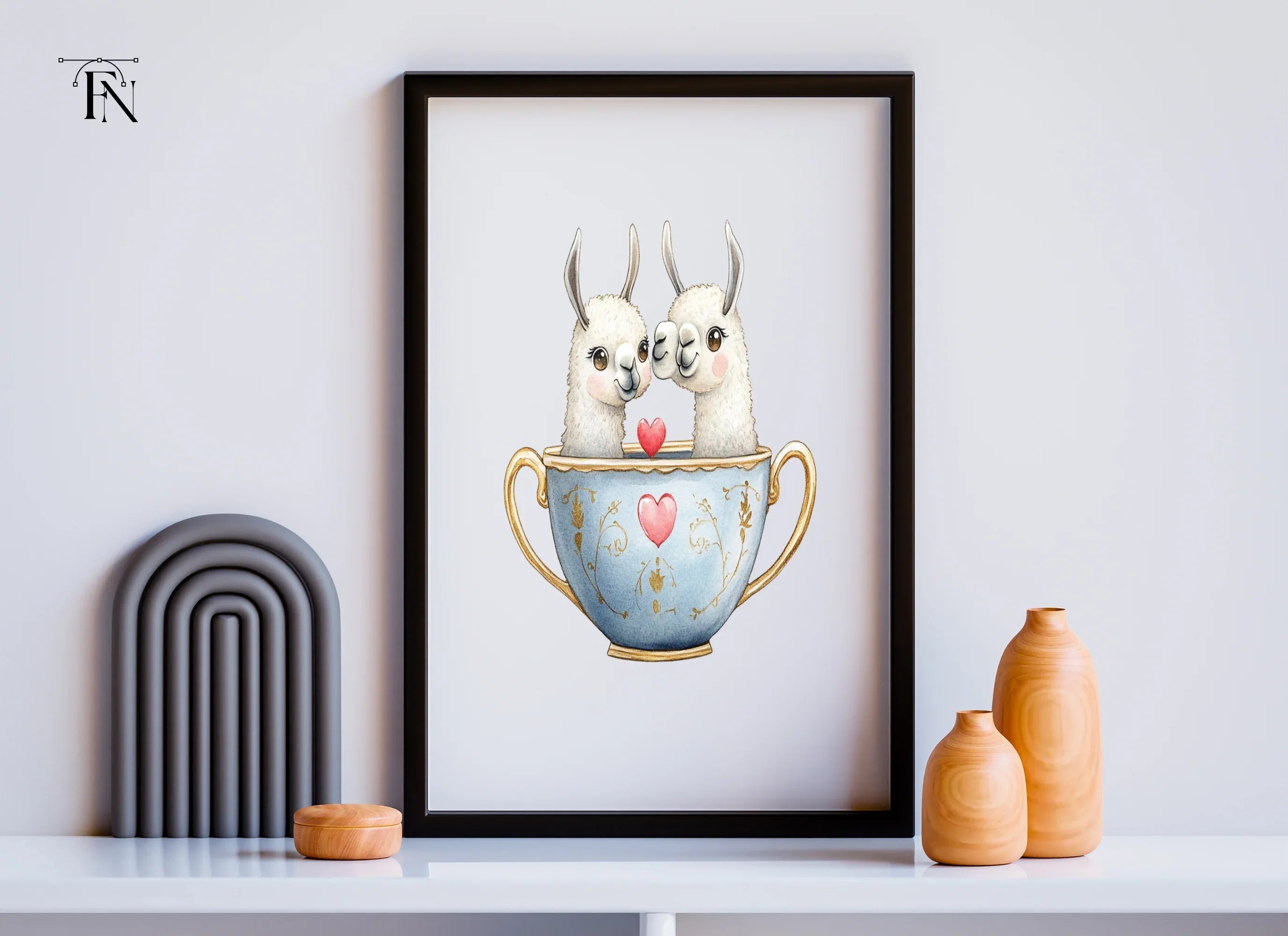 Cute Llama Couple in Teacups Clipart Bundle