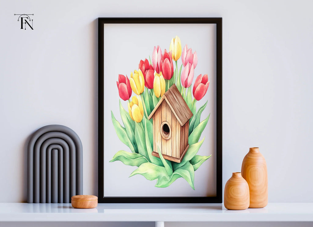 Birdhouse and Tulip Clipart Bundle