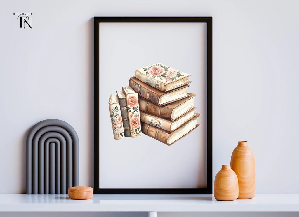 Stacked Books with Roses Clipart Bundle