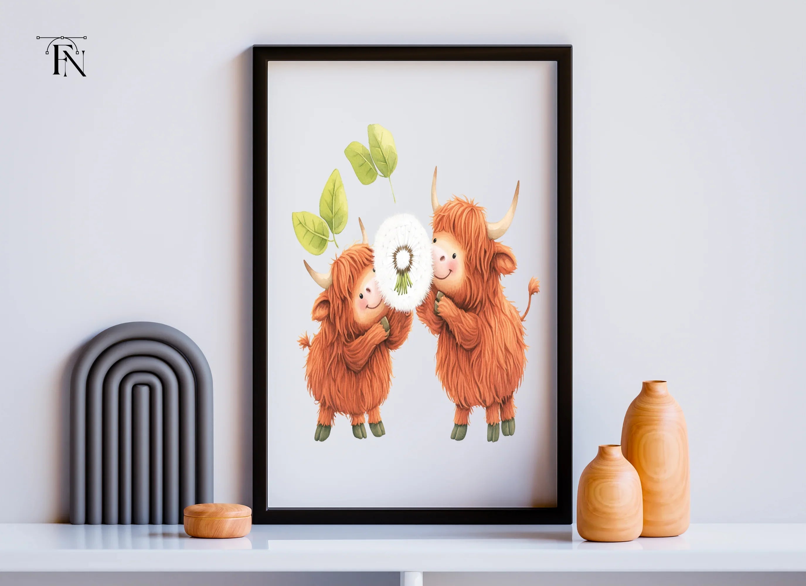 Cute Highland Cows with Dandelion Clipart Bundle