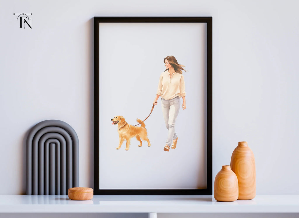 Happy Woman Walking Golden Retriever Clipart Bundle