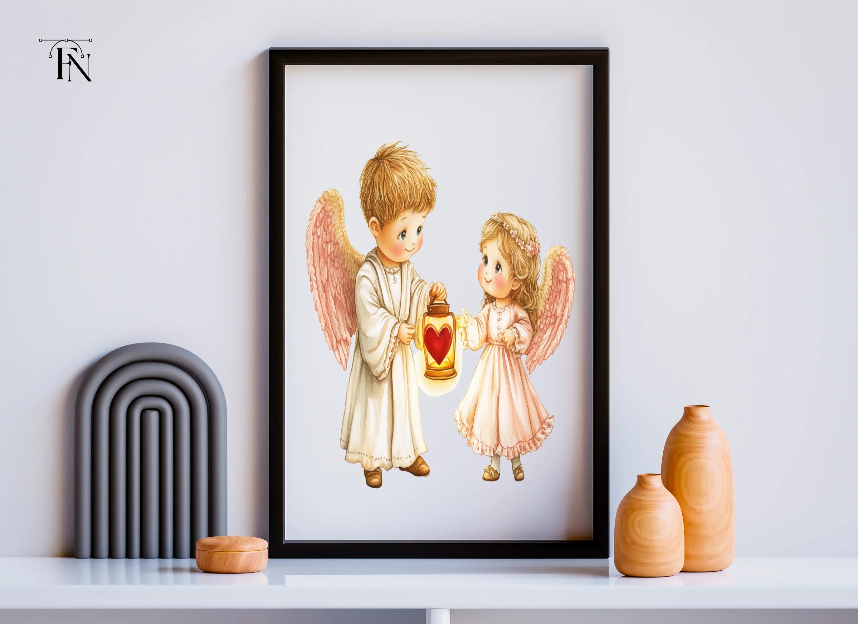 Cute Angel with Heart Lanterns Clipart Bundle