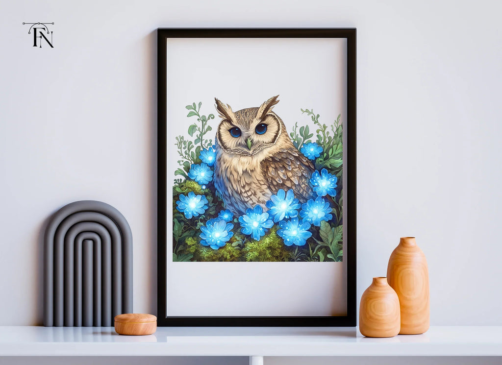 Enchanted Owl with Glowing Blue Flowers Clipart Bundle