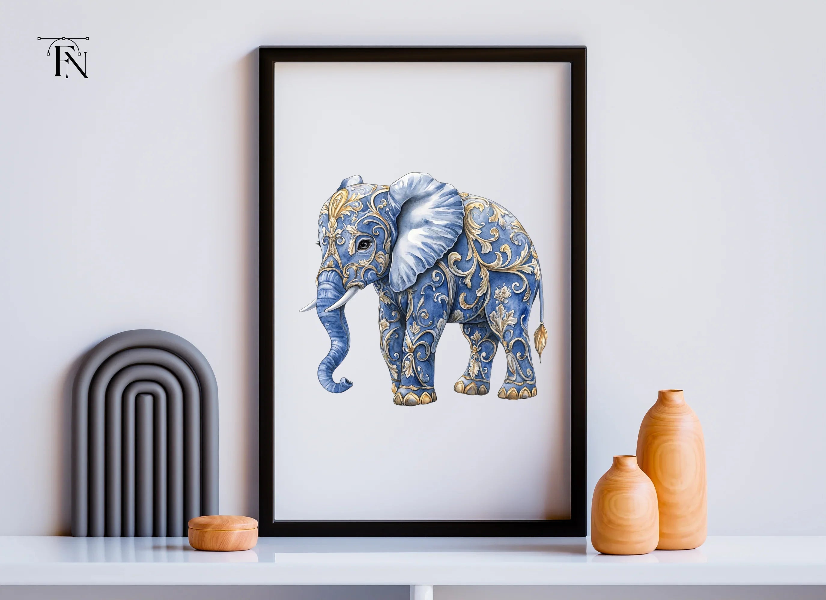 Elegant Blue Elephant with Gold Filigree Clipart Bundle