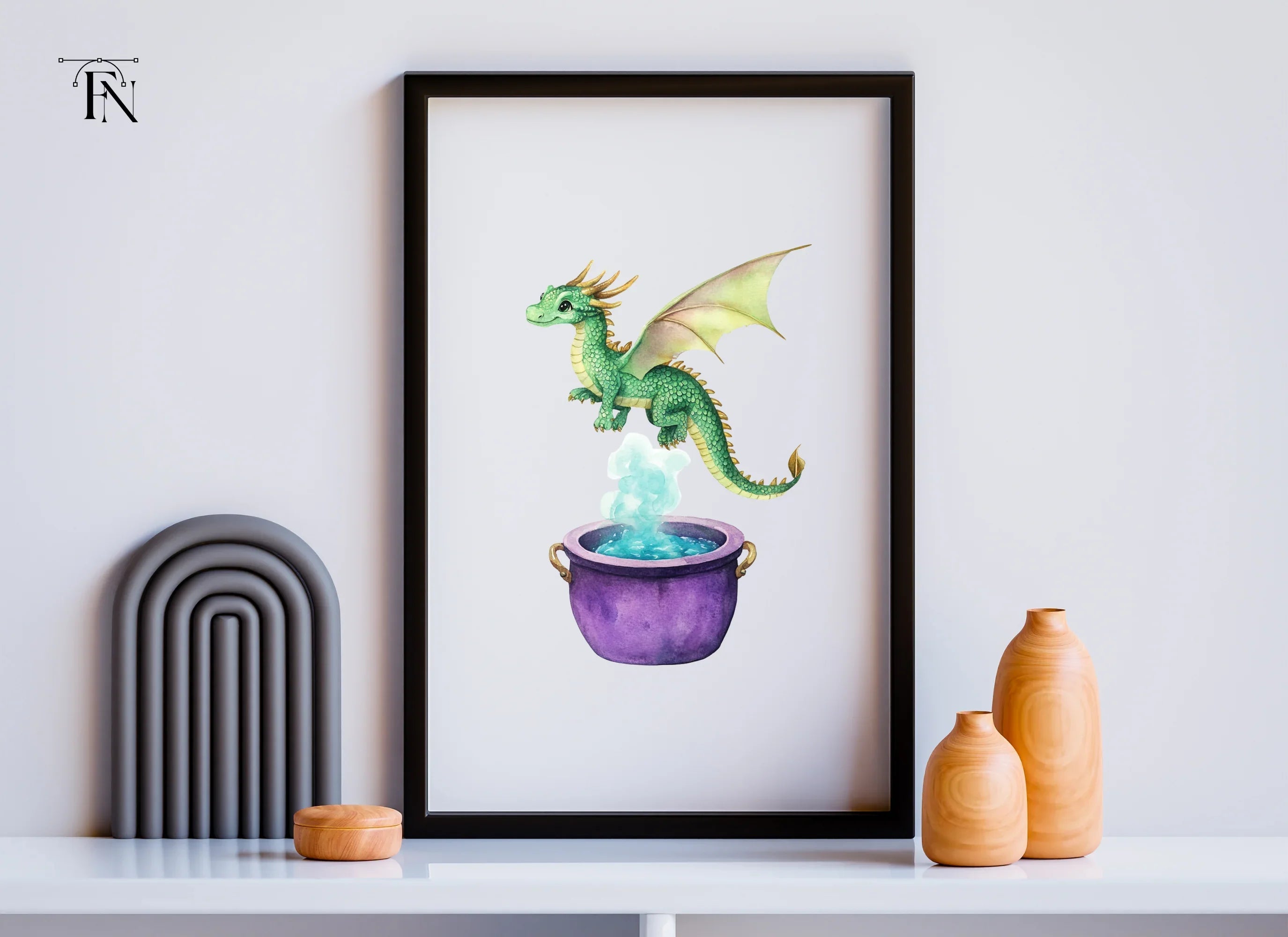 Green Dragon Flying Over Cauldron Clipart Bundle