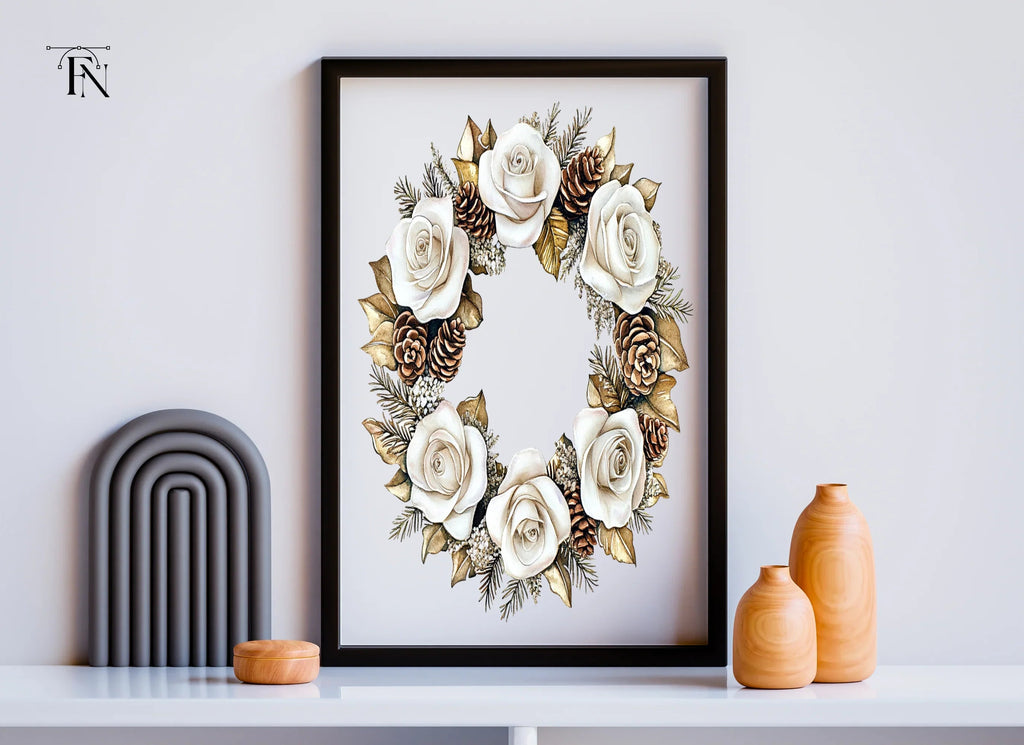 Elegant Winter White Rose Wreath Clipart Bundle