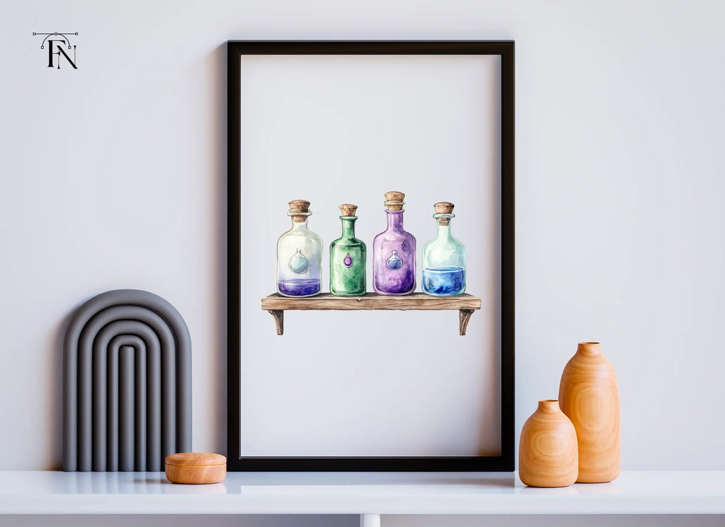 Potion Bottles on Wooden Shelf Clipart Bundle
