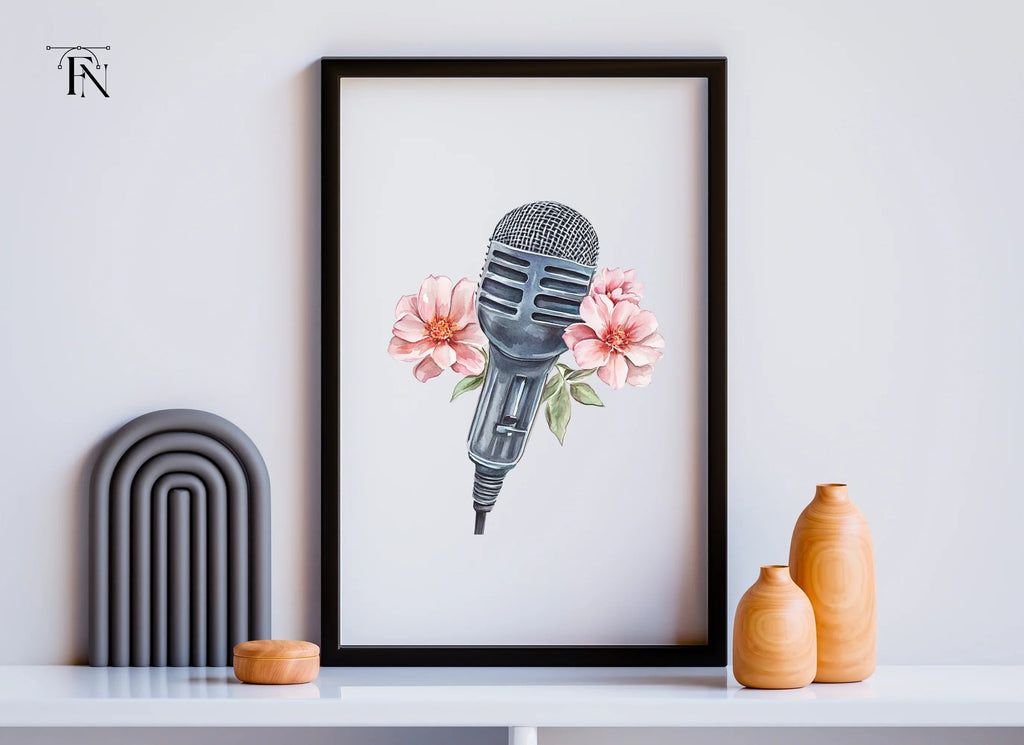 Vintage Microphone with Pink Flowers Clipart Bundle