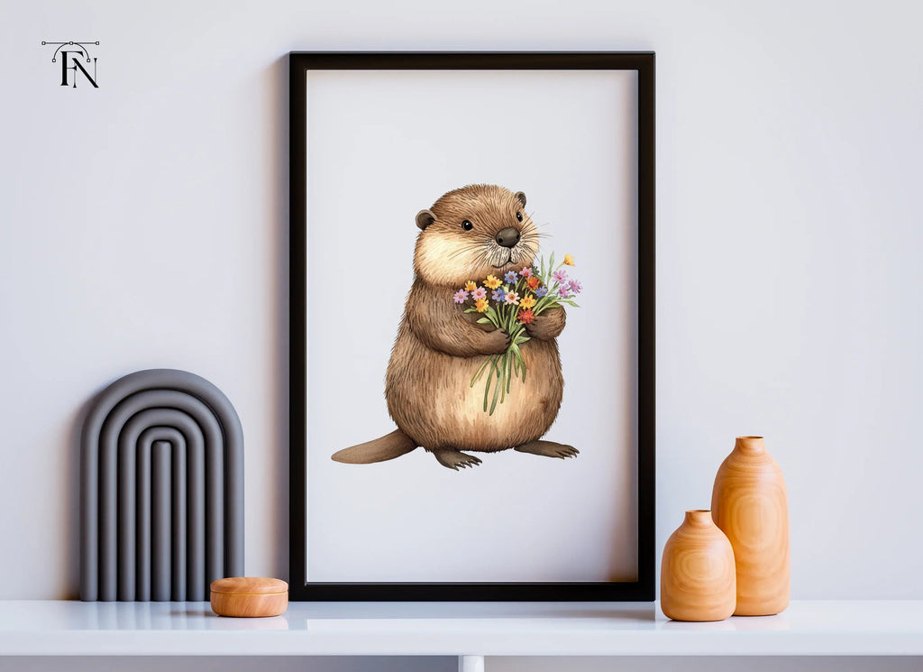 Cute Otters Holding Flower Bouquets Clipart Bundle